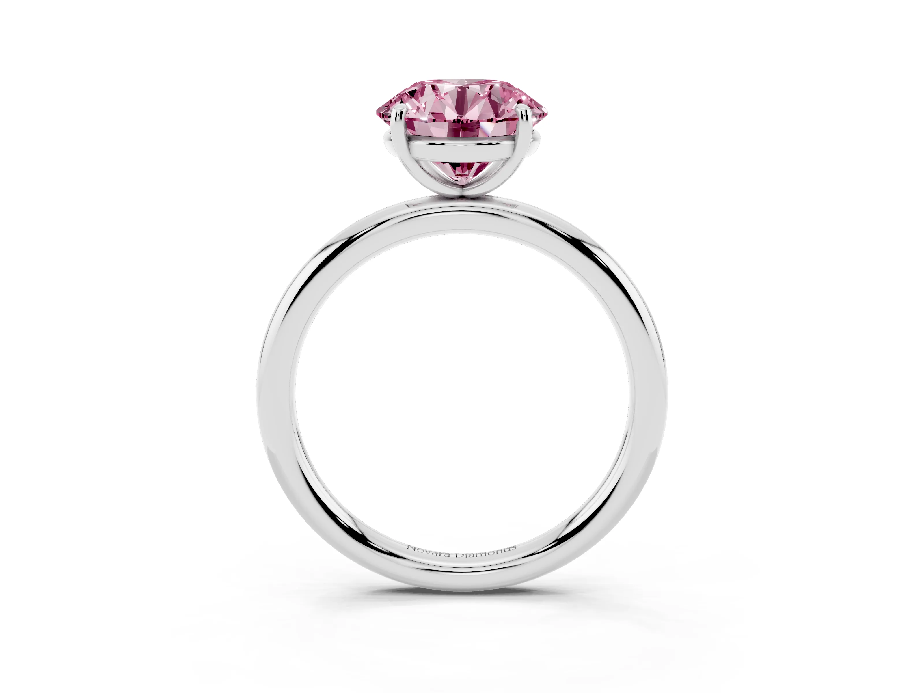 Fancy Pink Round Cut Diamond Solitaire Ring Set in Platinum with Prong Setting on a Polished Plain Band