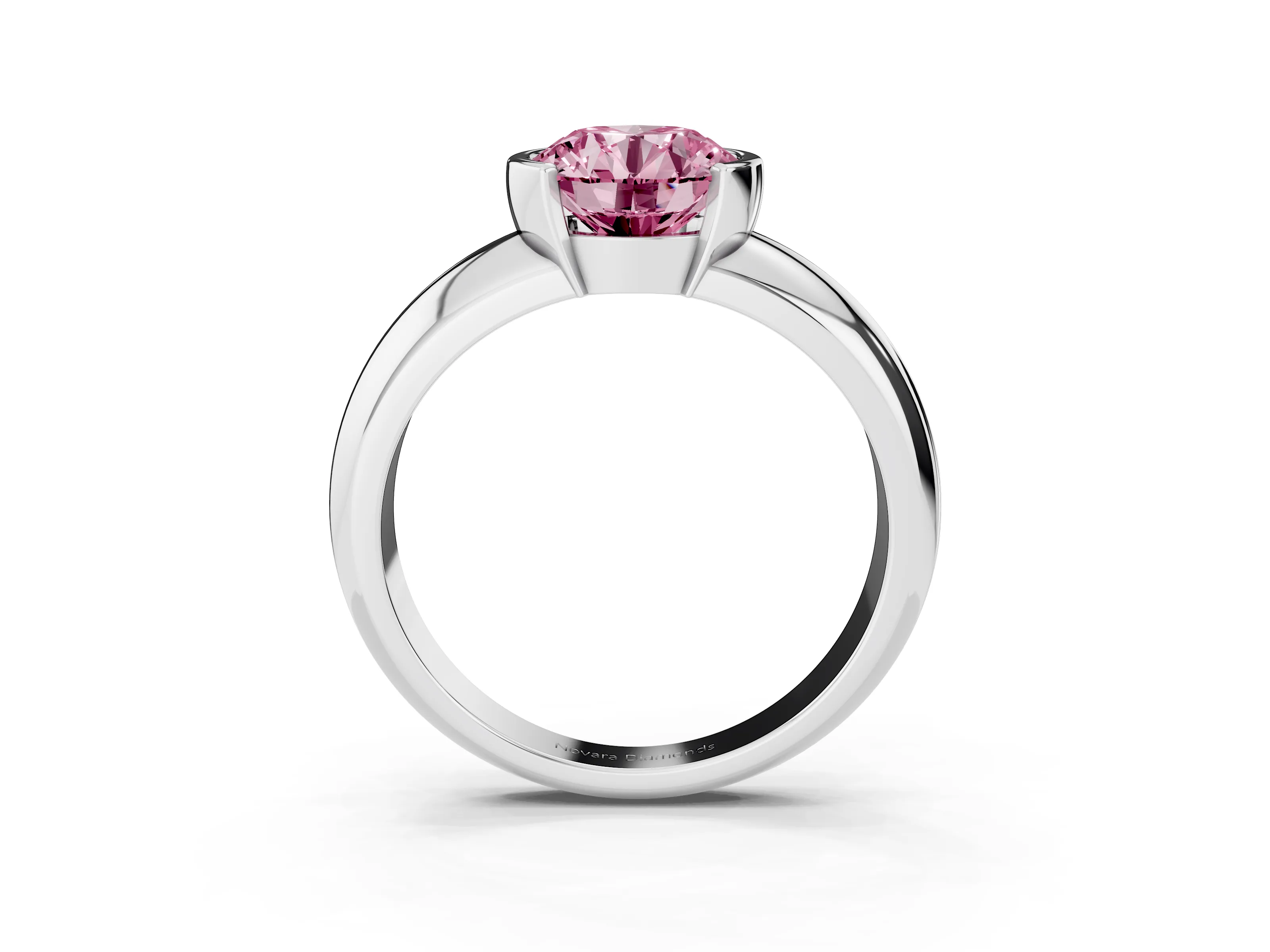 Fancy Pink Round Cut Diamond Solitaire Tension Set Ring Set in Platinum with Wide Band