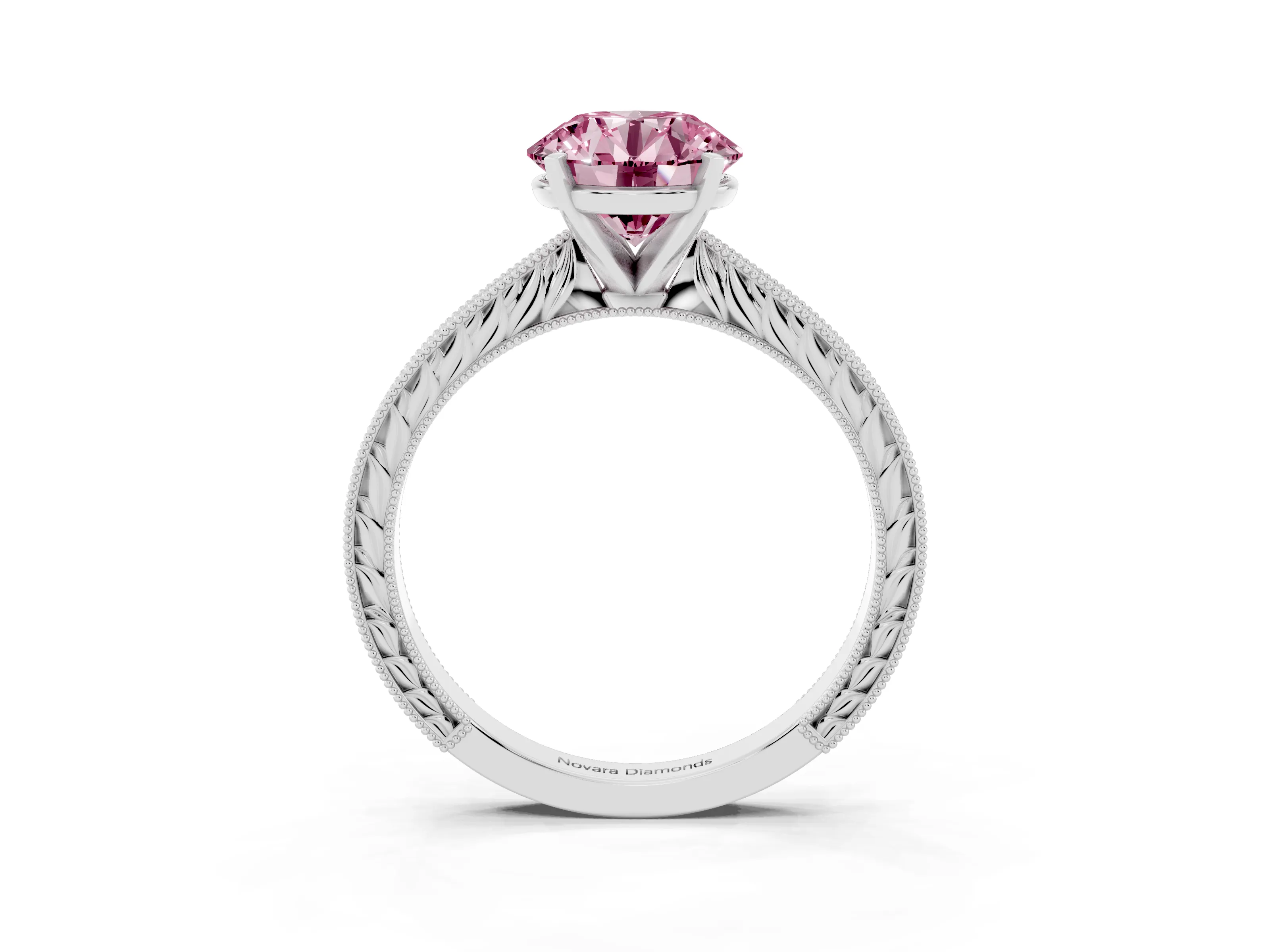 Fancy Pink Round Cut Diamond Solitaire Milgrain Engraved Band Set in Platinum with Prong Setting