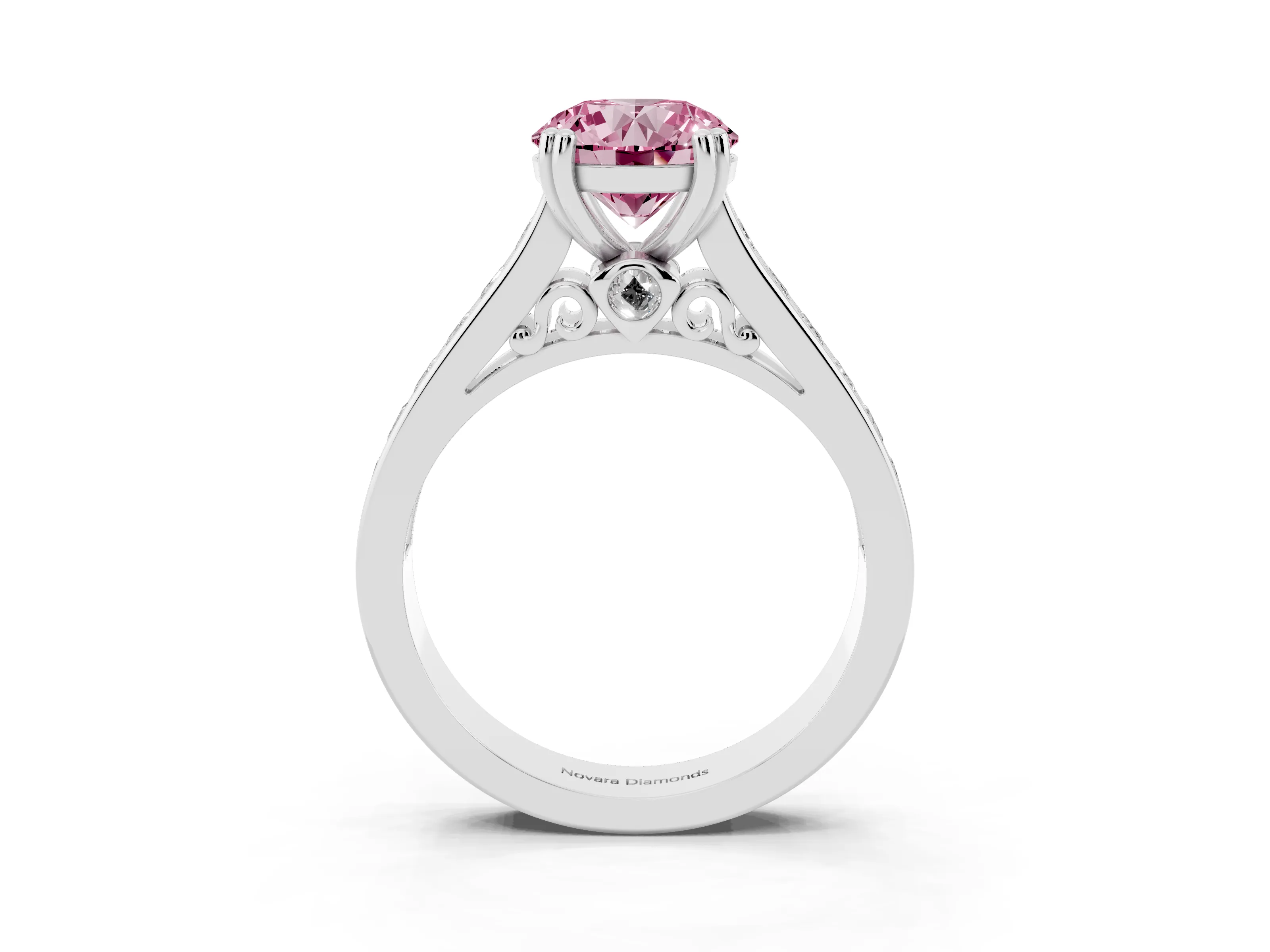 Fancy Pink Round Cut Diamond Channel Set Solitaire Engagement Ring Set in Silver with Prong Setting