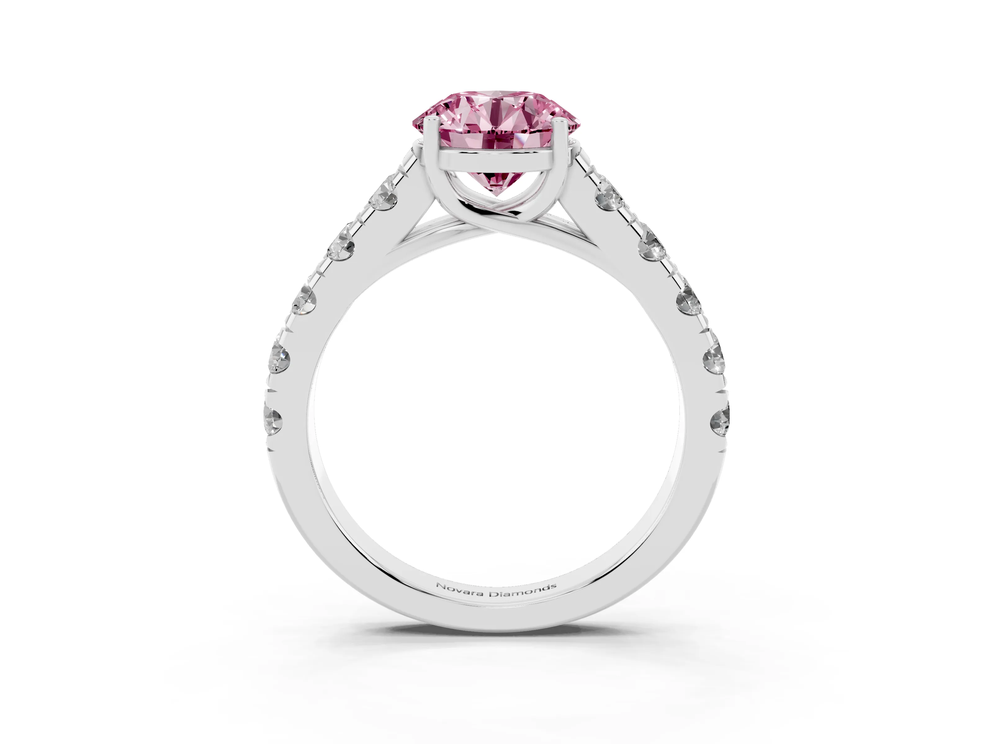 Fancy Pink Round Cut Diamond Solitaire Ring Set in Platinum with Cut-Down Micro Pavé Band and Prong Setting
