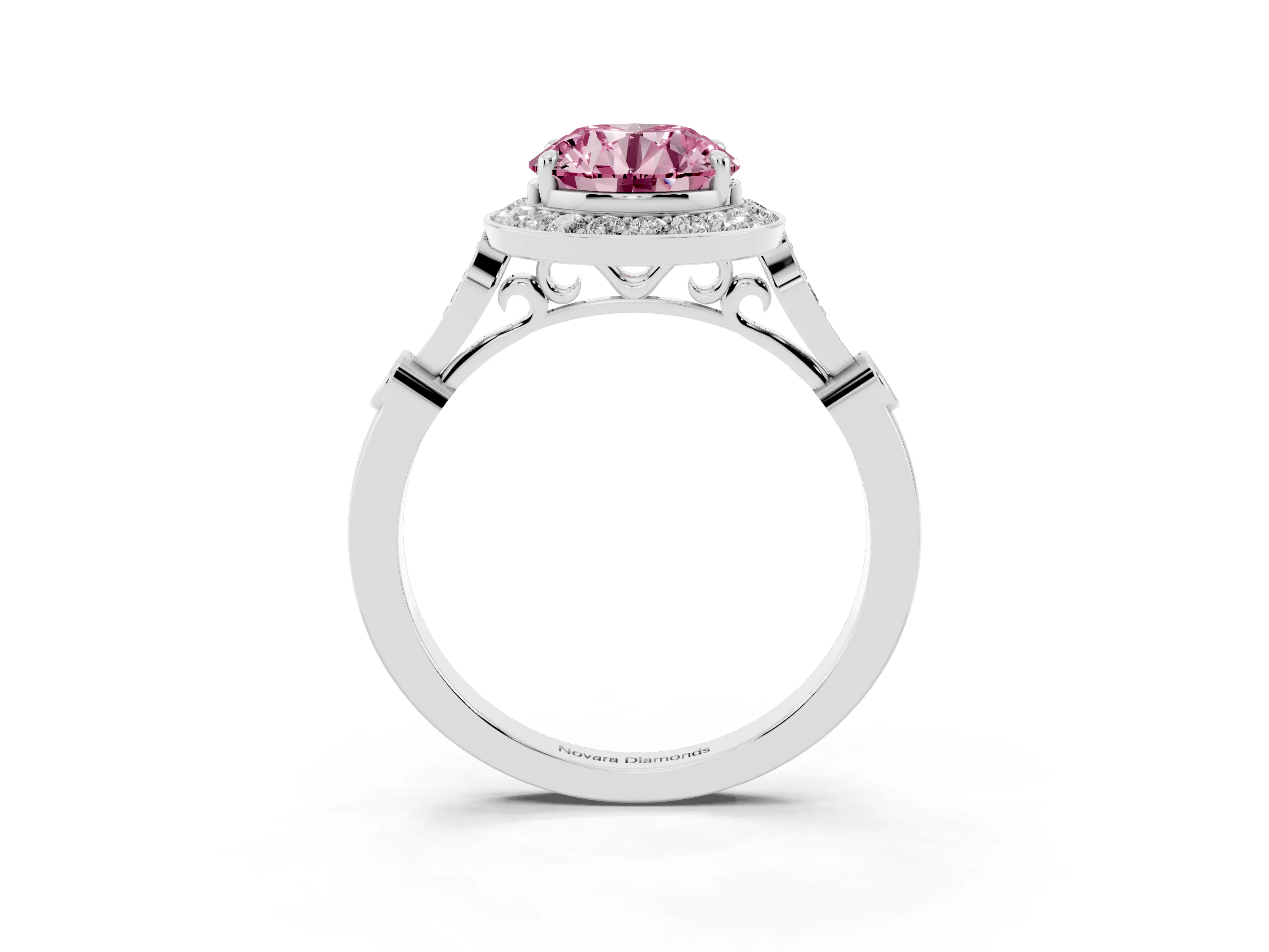 Fancy Pink Round Cut Diamond Halo Engagement Ring Set in Silver with Twisted Band and Prong Setting