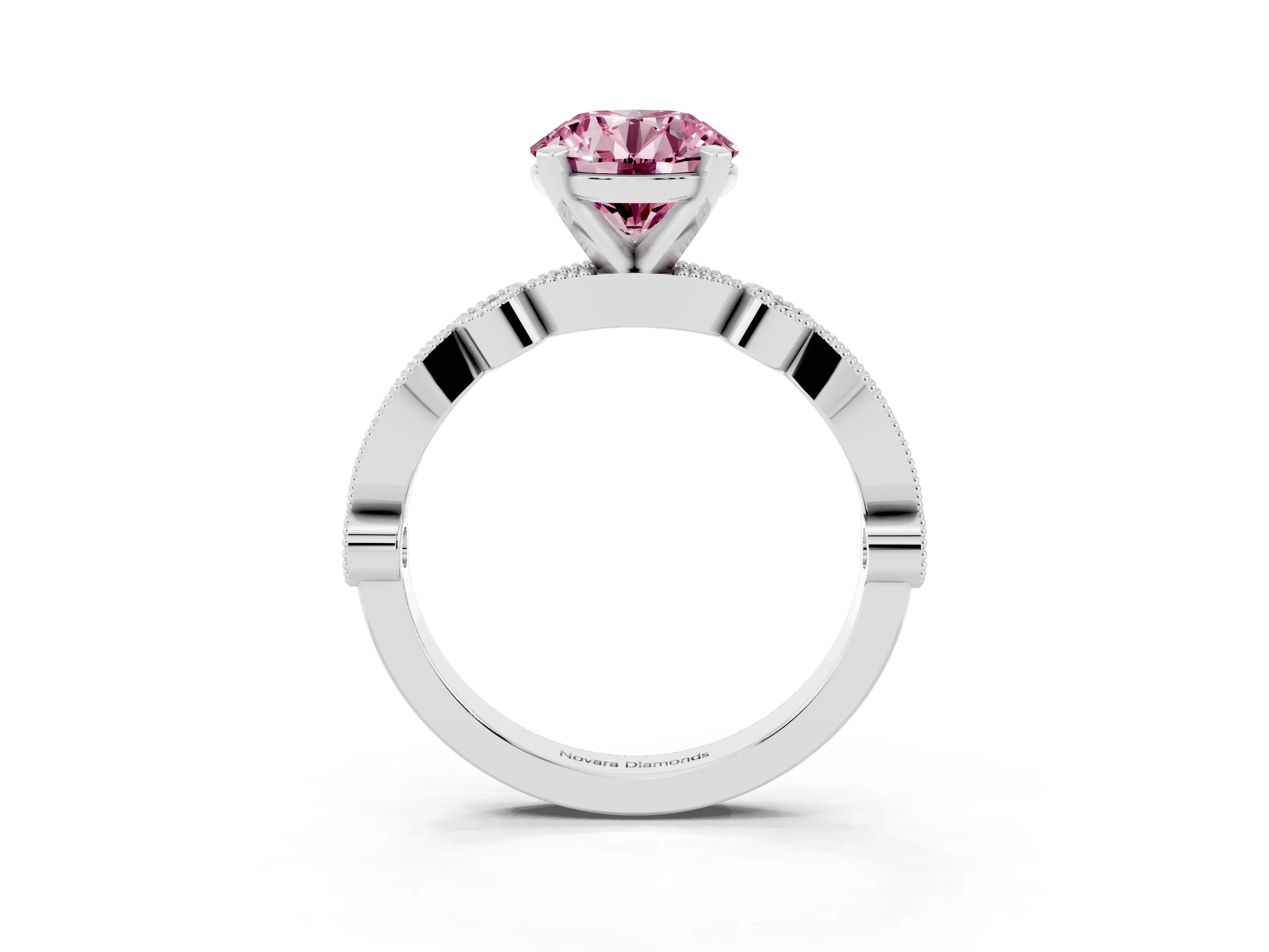 Fancy Pink Round Cut Diamond Solitaire Engagement Ring Set in Silver with Milgrain Bezel Accent Band