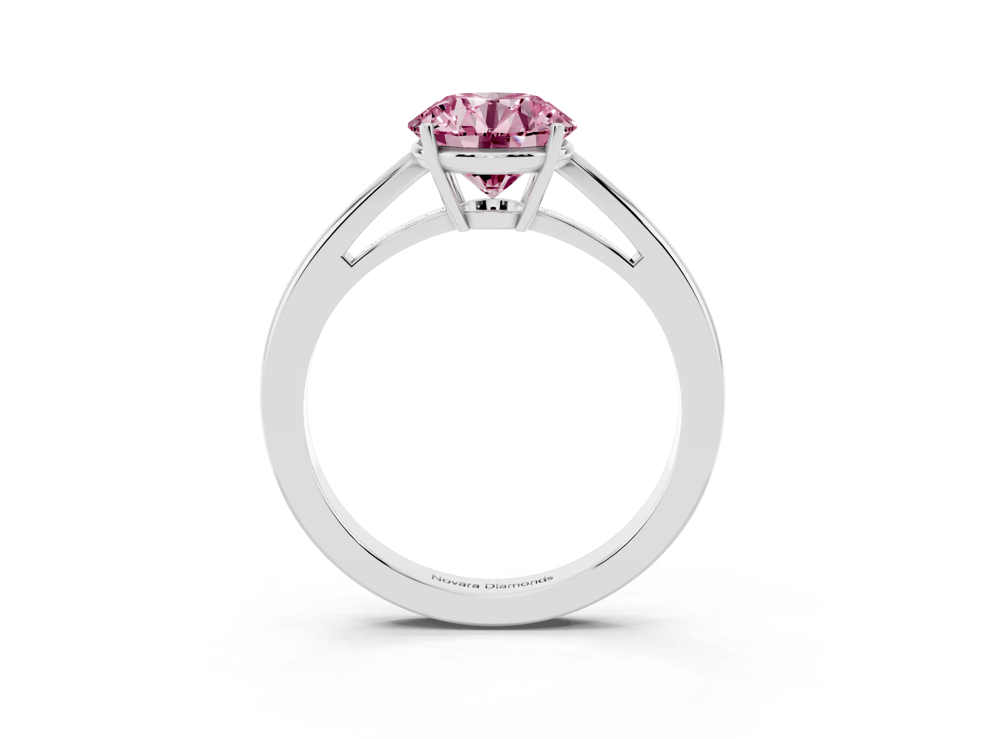 Fancy Pink Round Cut Diamond Solitaire Ring Set in Platinum with Split Shank and Prong Setting