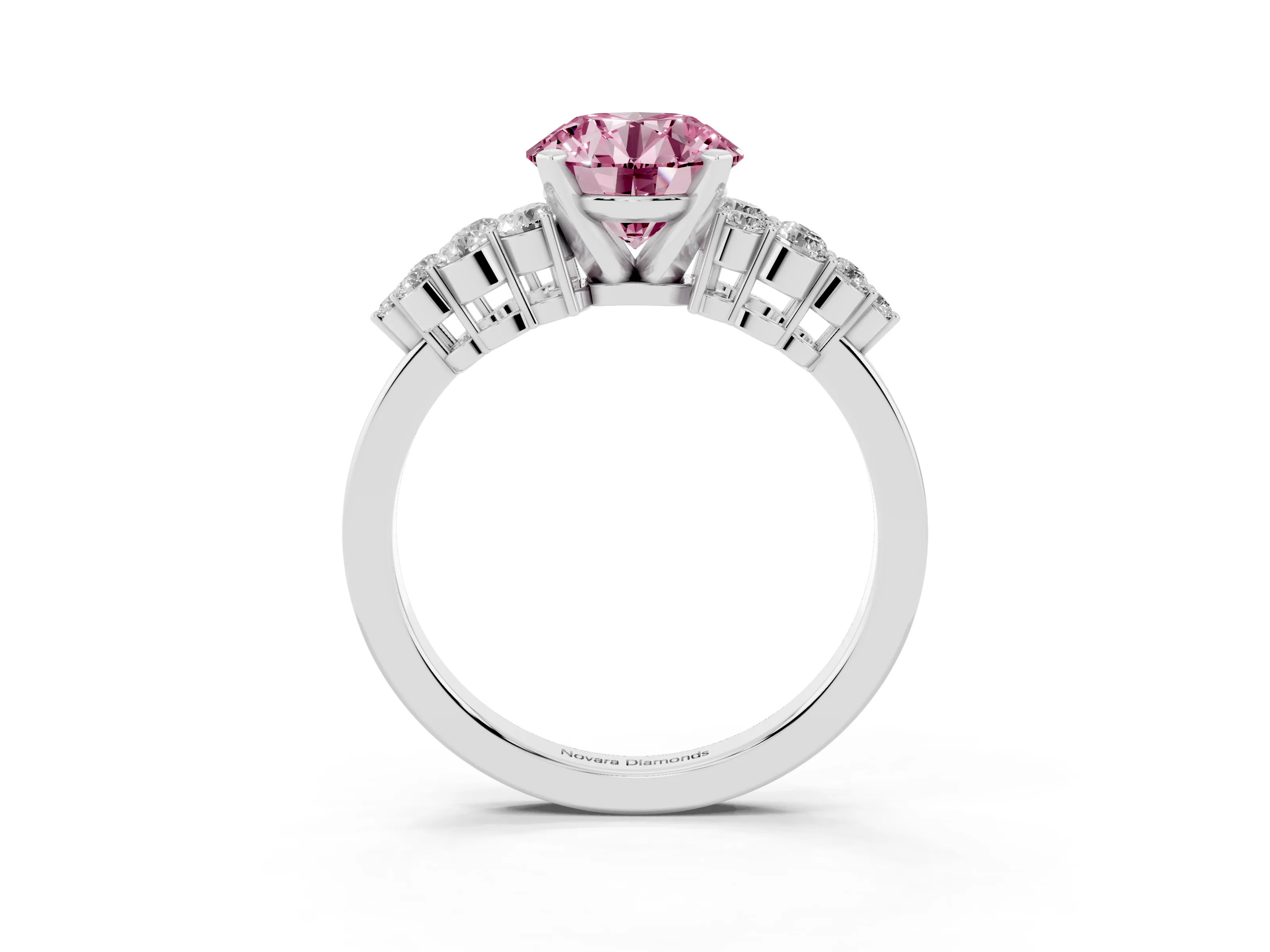Fancy Pink Round Cut Diamond Cluster Engagement Ring Set in Silver with Pavé Band and Prong Setting