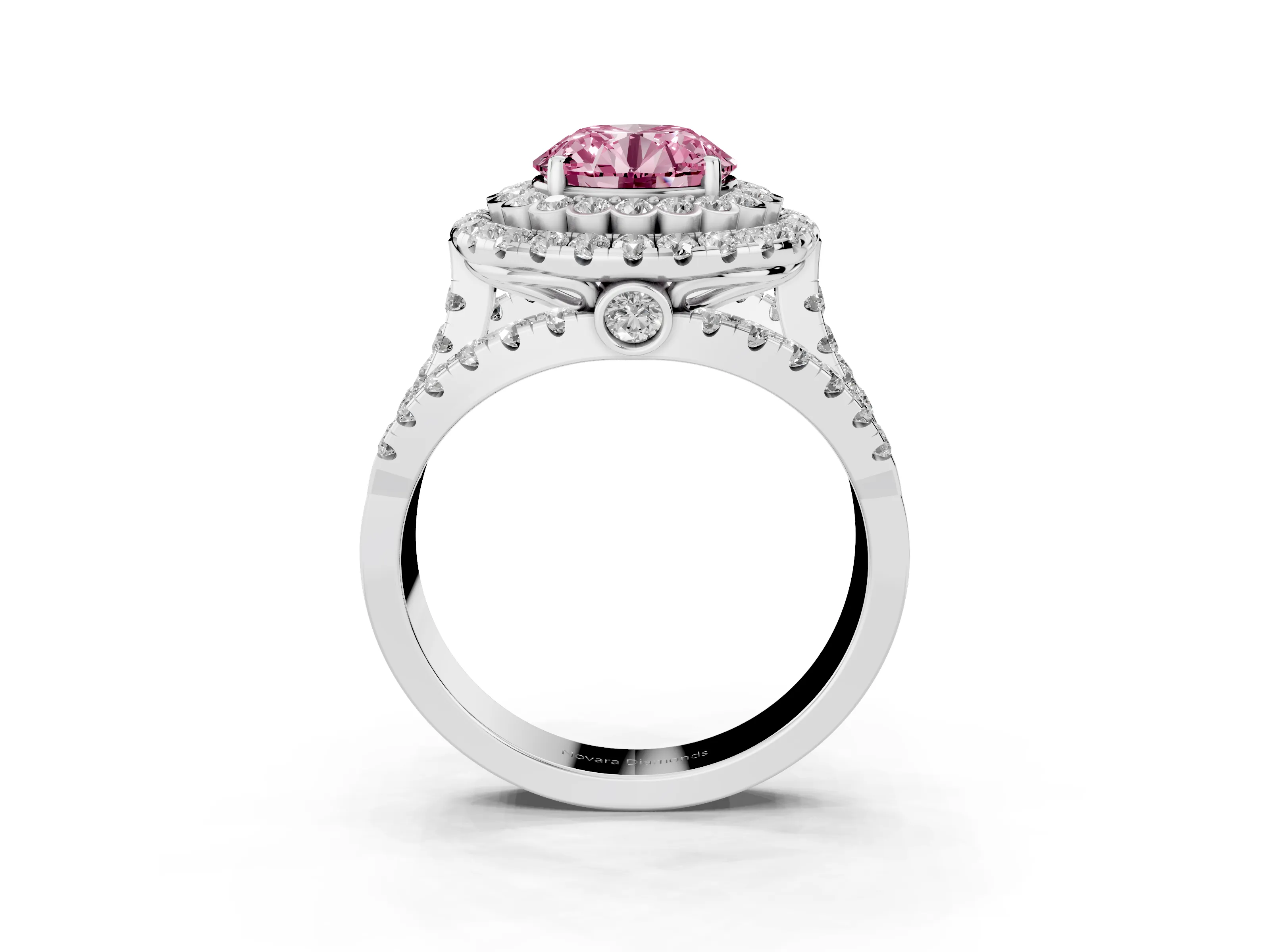Fancy Pink Round Cut Diamond Double Halo Ring Set in White gold with Round Pavé Split Shank