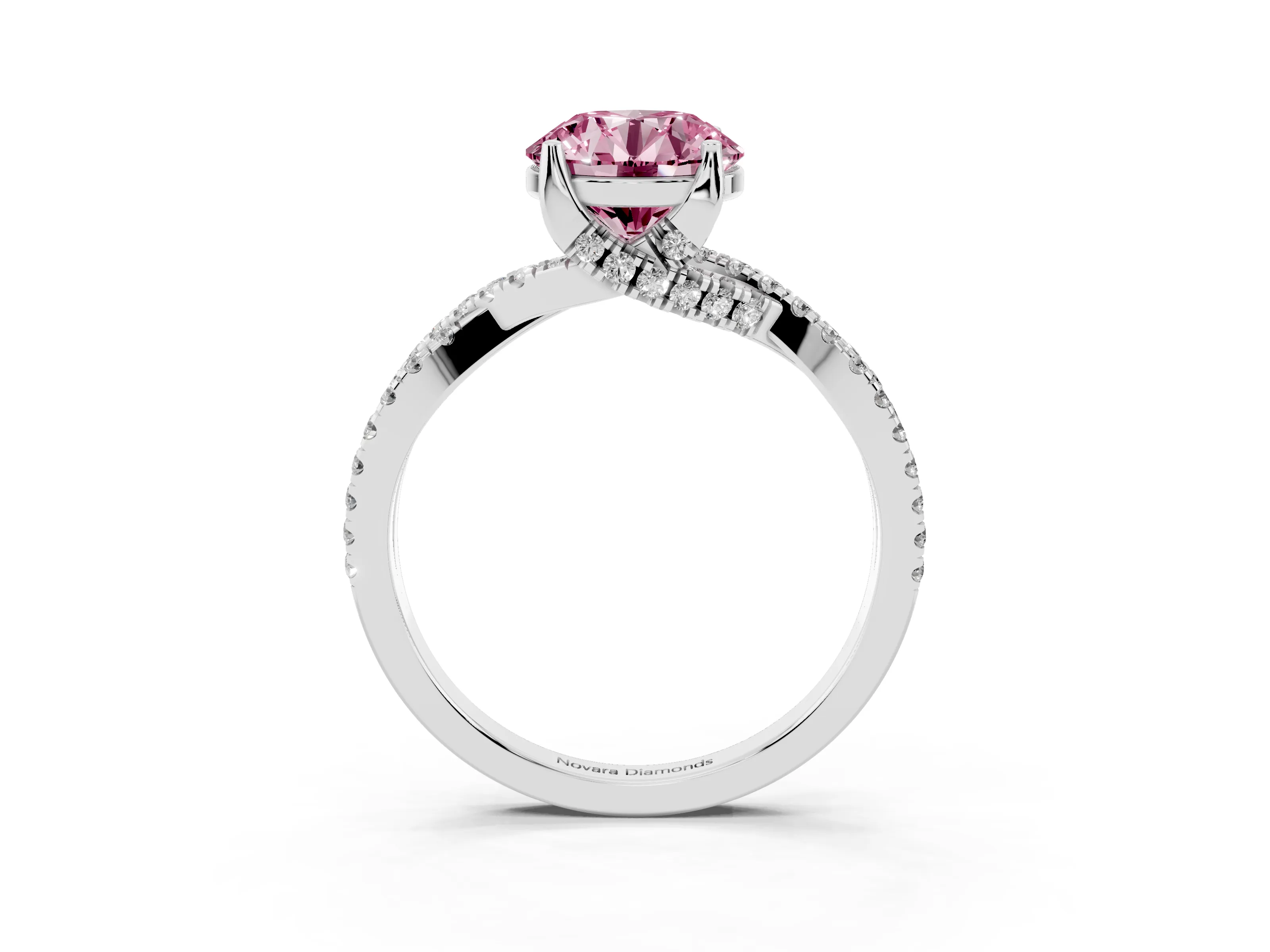 Fancy Pink Round Cut Diamond Twist Pavé Solitaire Engagement Ring Set in Silver with Prong Setting