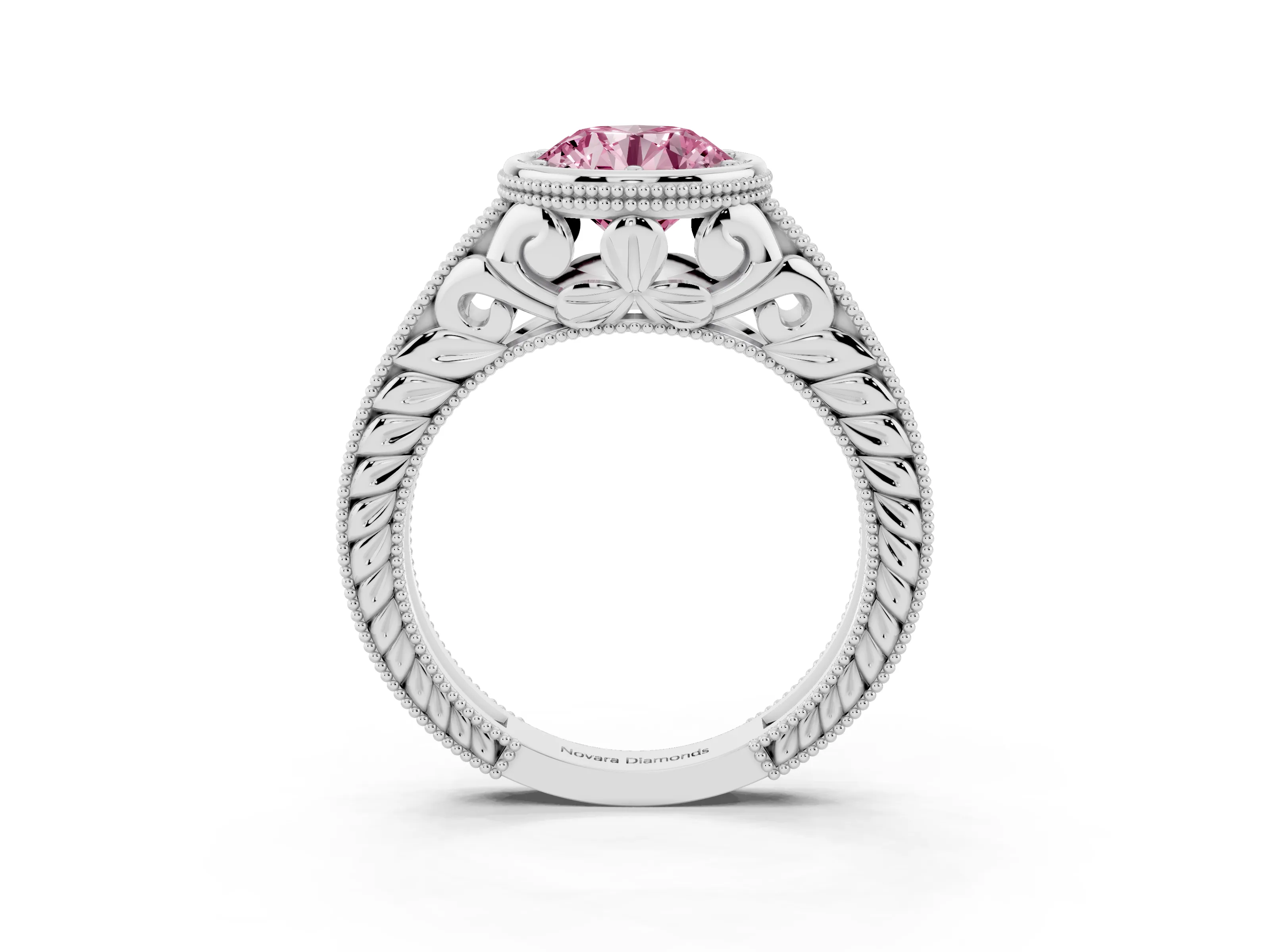 Fancy Pink Bezel Set Round Cut Diamond Milgrain Pavé Engagement Ring Set in White gold