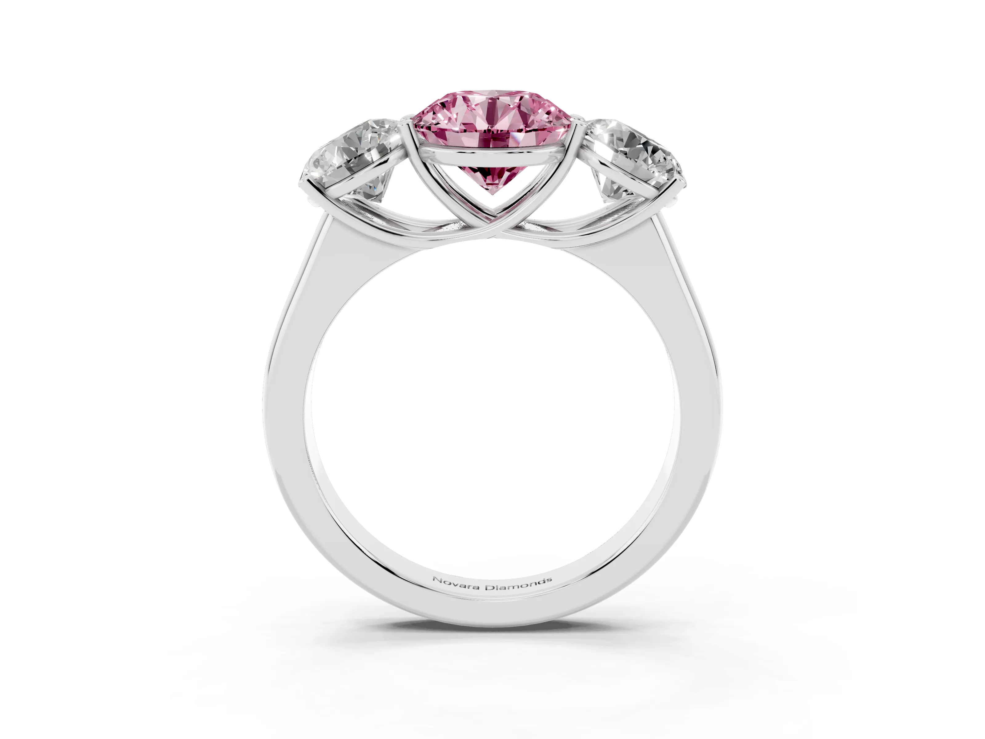 Fancy Pink Round Cut Diamond Three-Stone Ring Set in Silver with Plain Polished Band