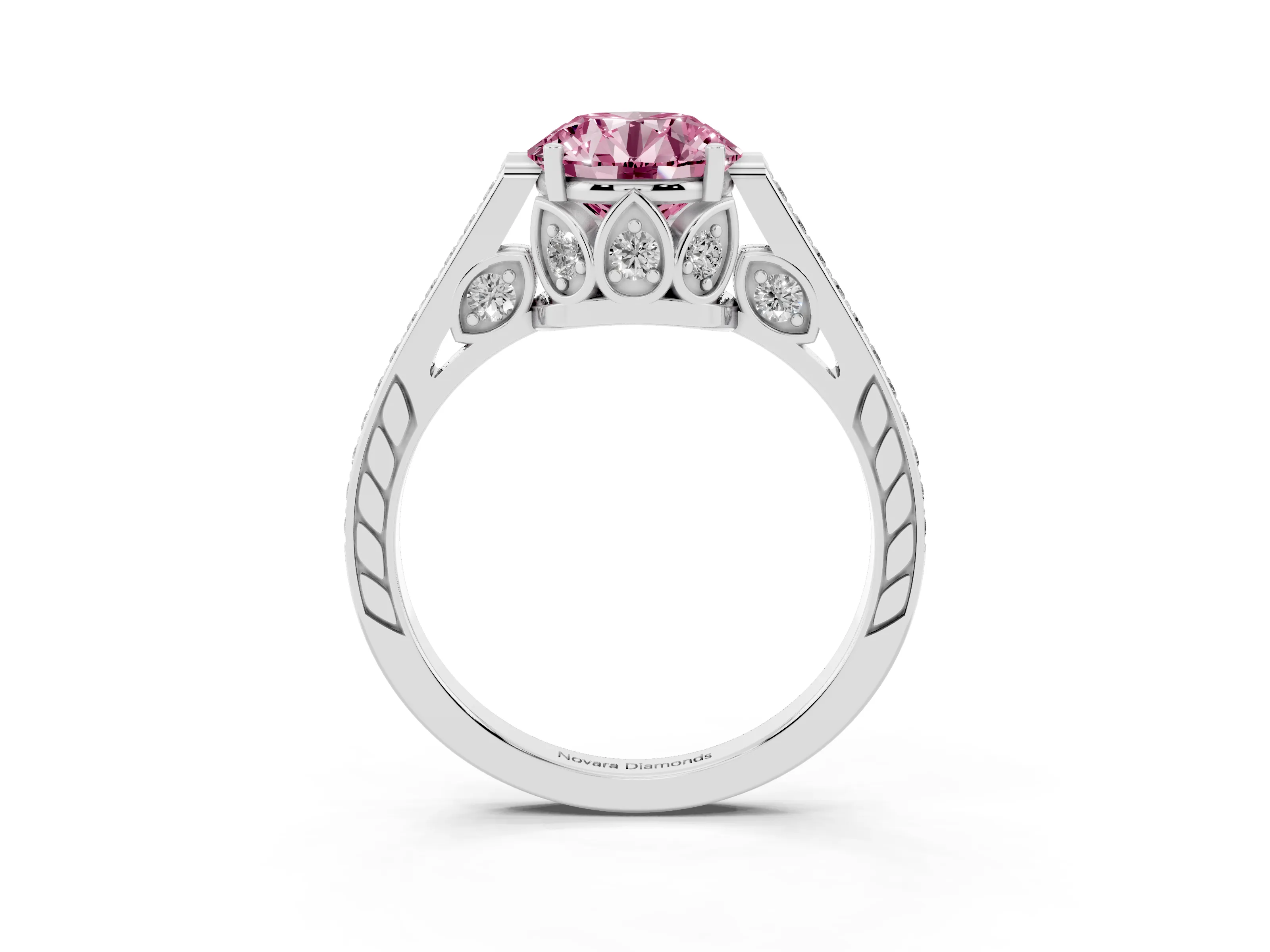 Fancy Pink Round Cut Diamond Cathedral Pavé Engagement Ring Set in Silver with Prong Setting
