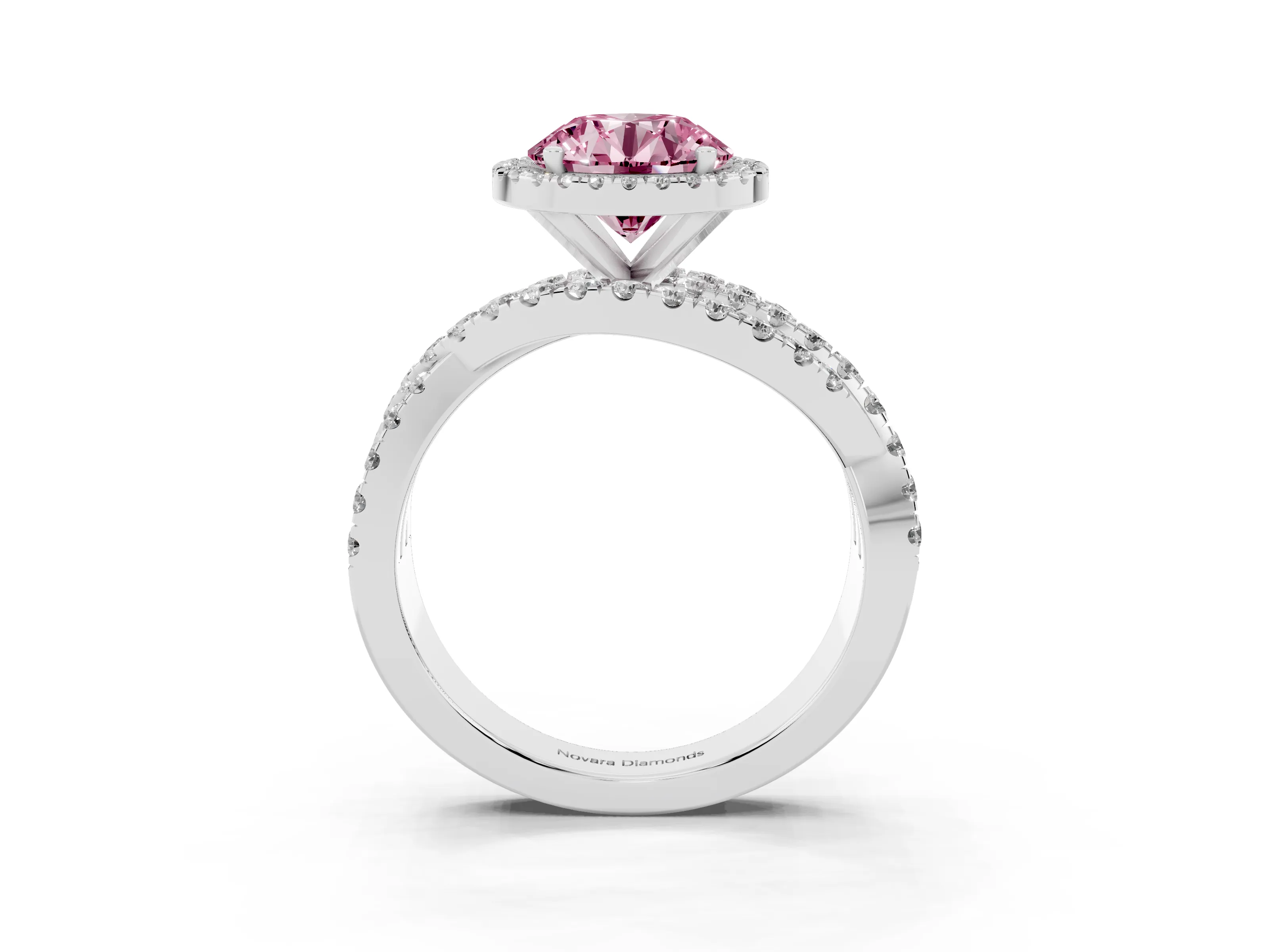 Fancy Pink Round Cut Diamond Halo Ring Set in Platinum with Round Crossover Split Shank and Prong Setting