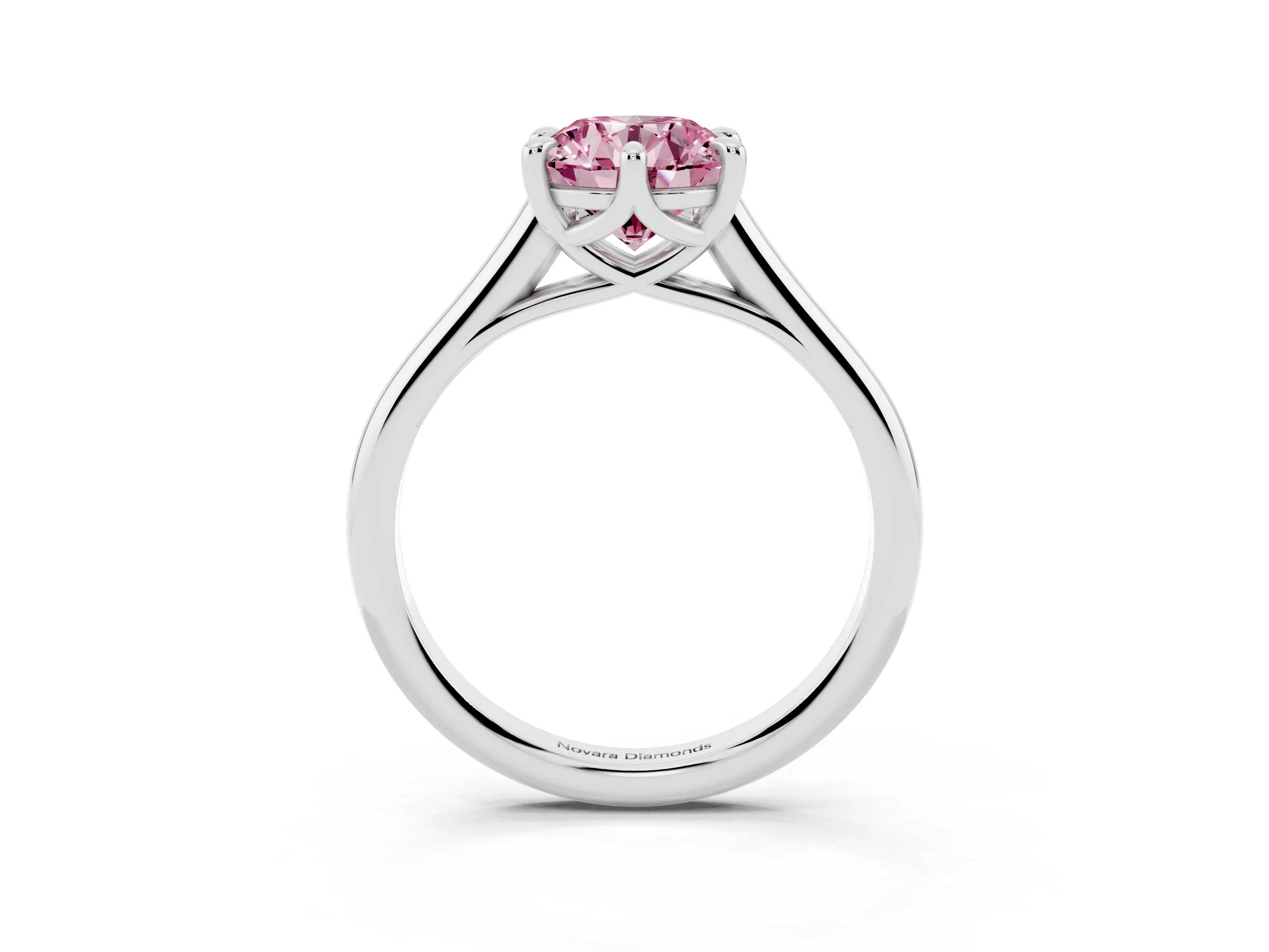 Fancy Pink Round Cut Diamond Solitaire Engagement Ring Set in Platinum with Prong Setting and Plain Classic Band