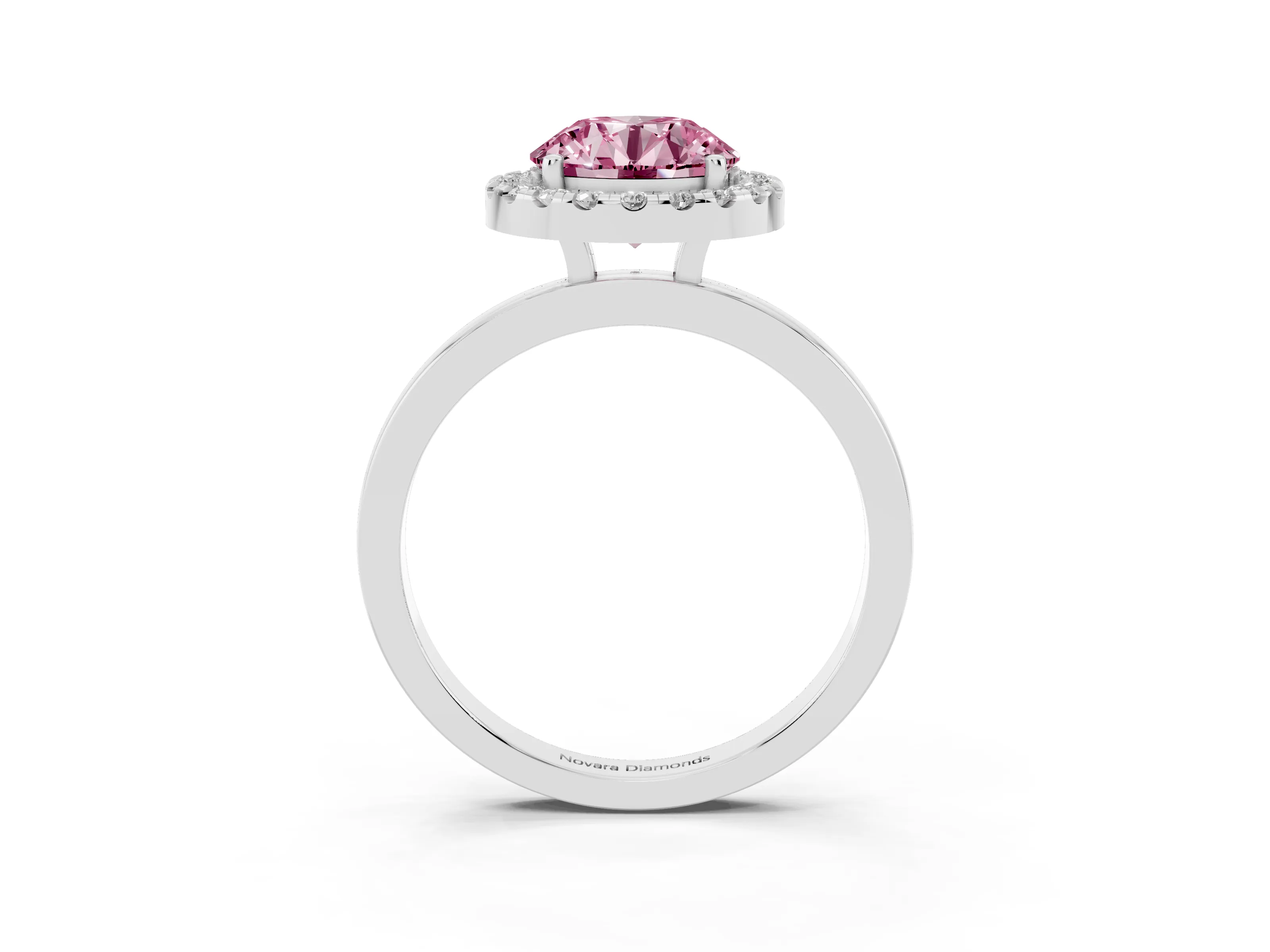 Fancy Pink Round Cut Diamond Halo Solitaire Ring Set in Platinum with Pavé Band and Prong Setting