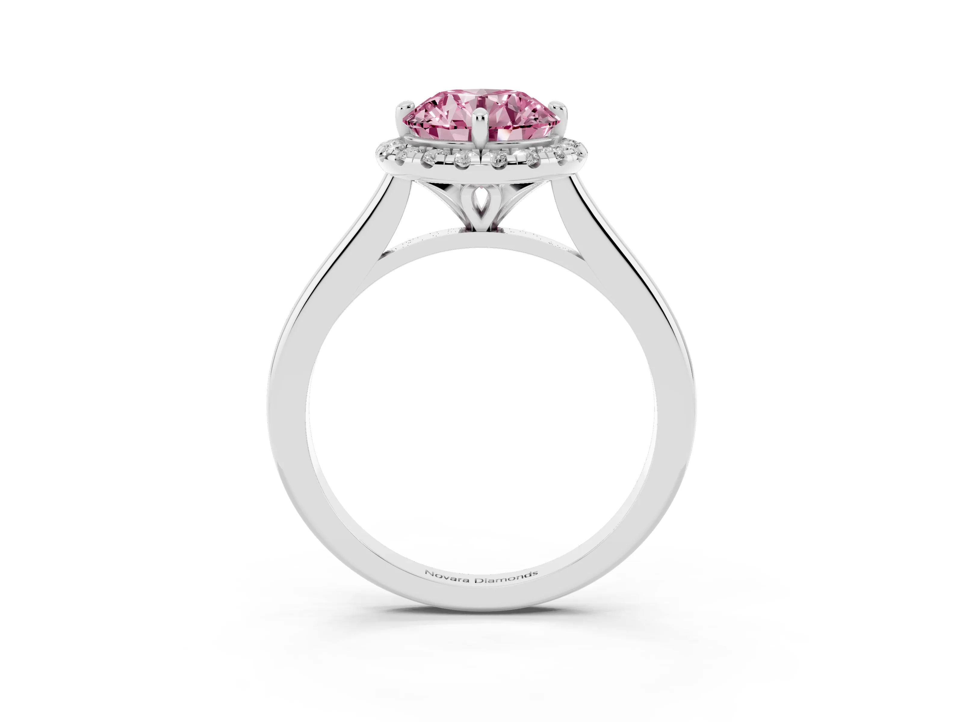 Fancy Pink Round Cut Diamond Halo Engagement Ring Set in Platinum with Pavé Band and Rising Shoulders