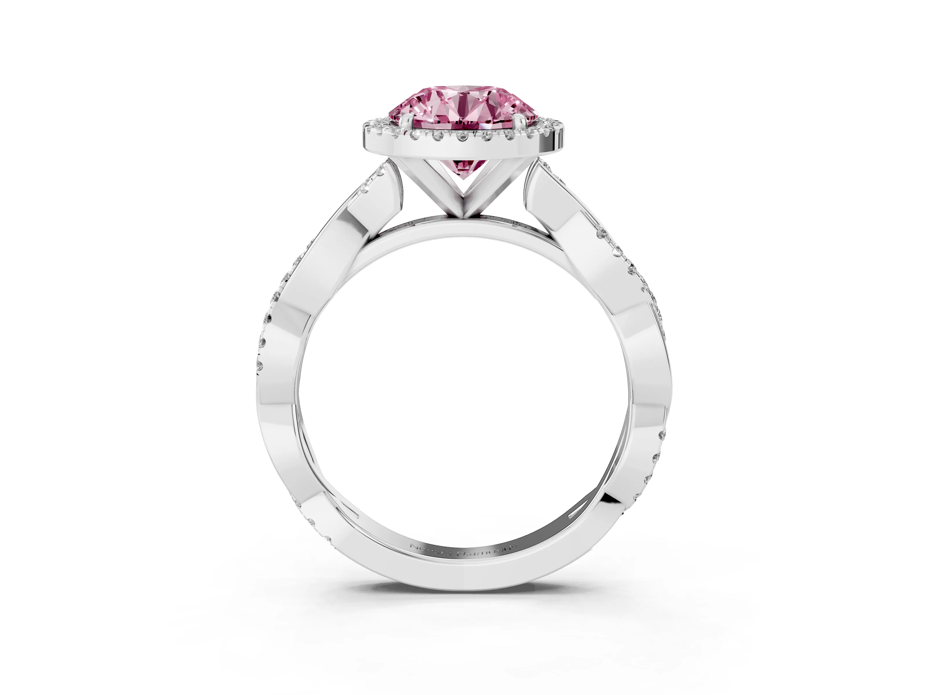 Fancy Pink Round Cut Diamond Halo Twisted Band Ring Set in Silver with Prong Setting