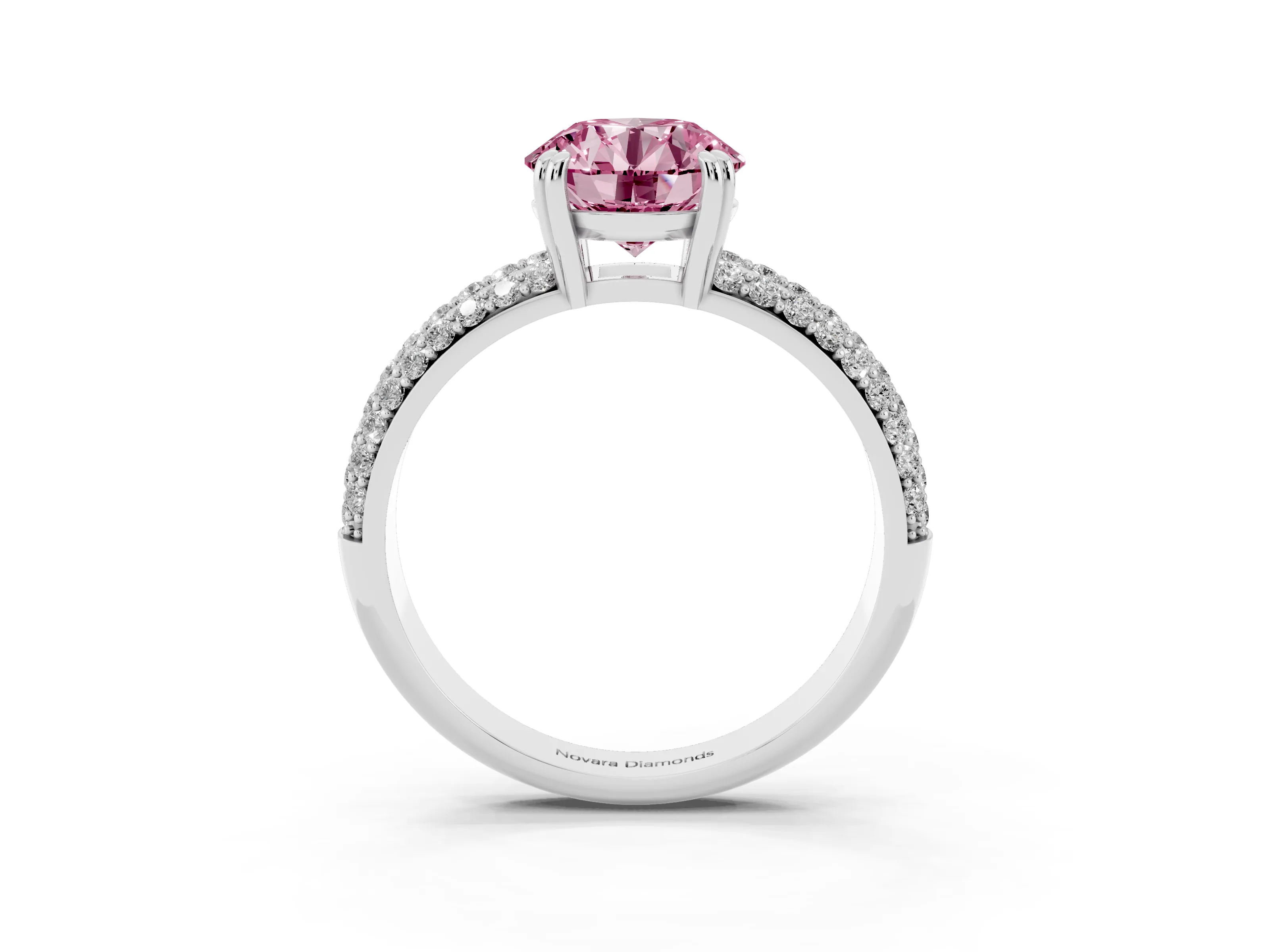 Fancy Pink Round Cut Diamond Solitaire Ring Set in Silver with Multi-Row Round Pavé Band and Prong Setting