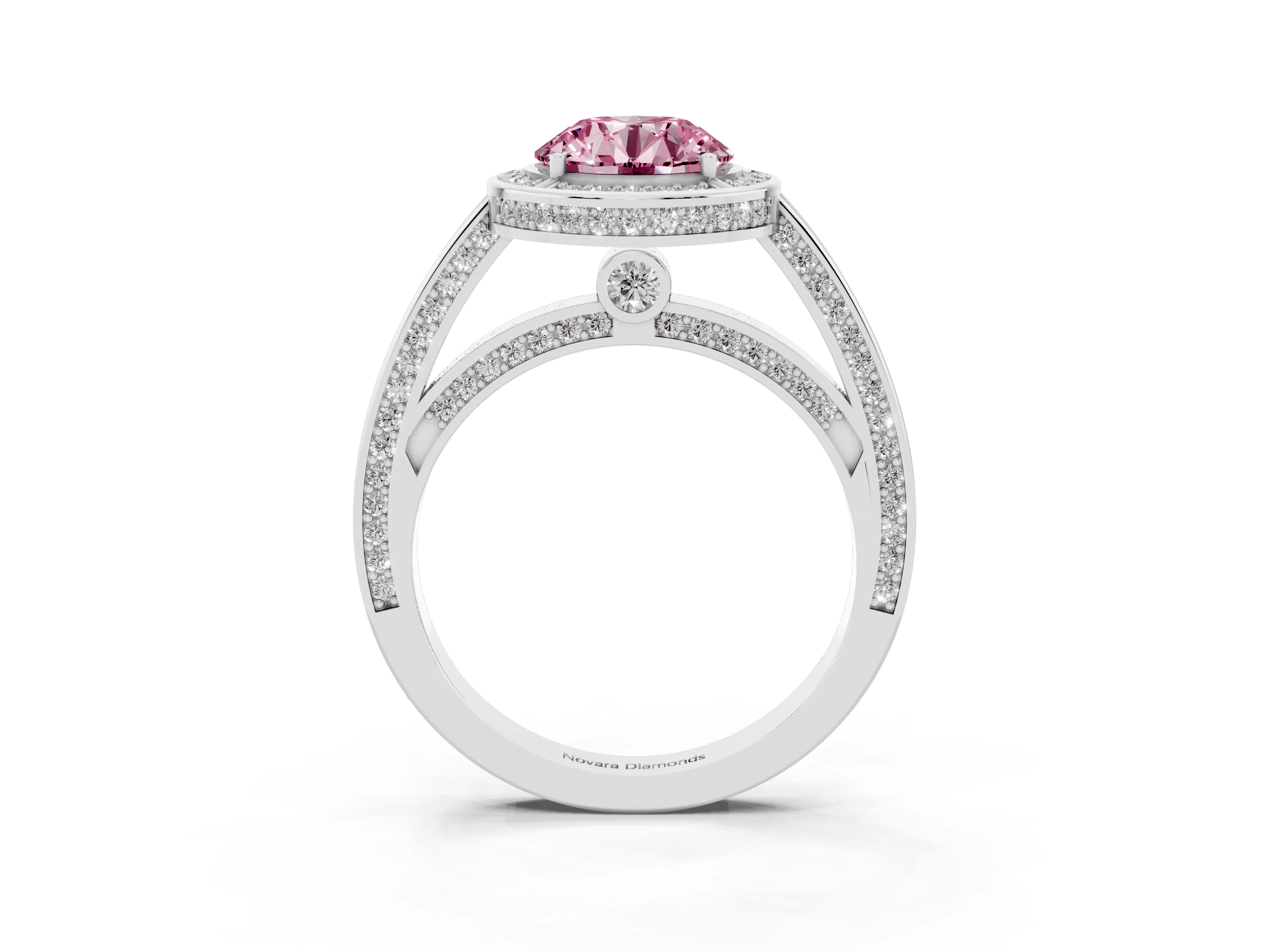 Fancy Pink Round Cut Diamond Halo Pavé Split Shank Ring Set in White gold with Prong Setting