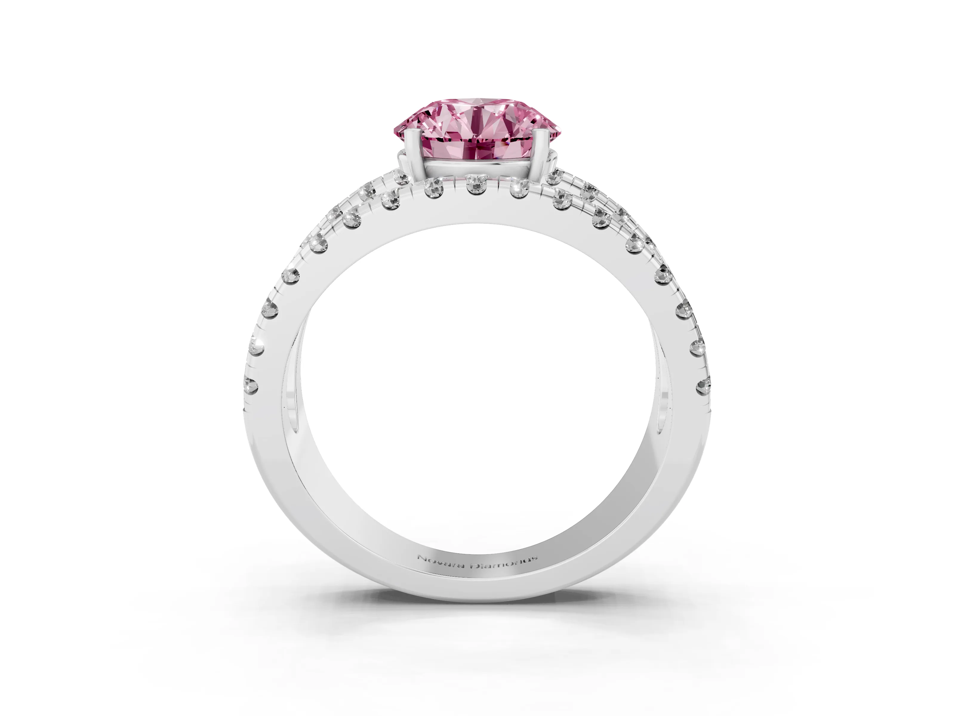 Fancy Pink Round Cut Diamond Split Shank Pavé Solitaire Ring Set in White gold with Open Shank Design