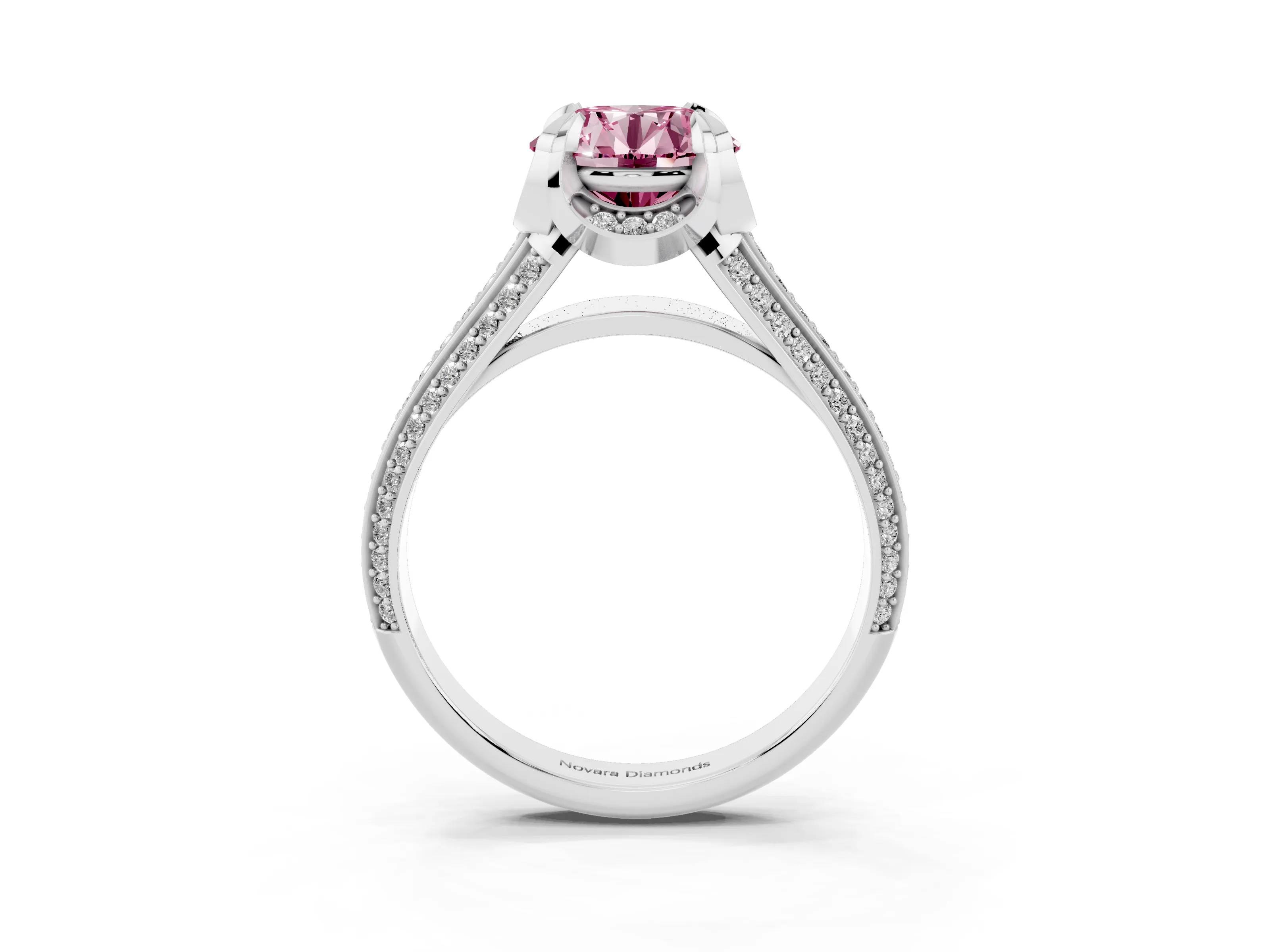 Fancy Pink Round Cut Diamond Pavé Split Shank Solitaire Ring Set in Platinum with Prong Setting