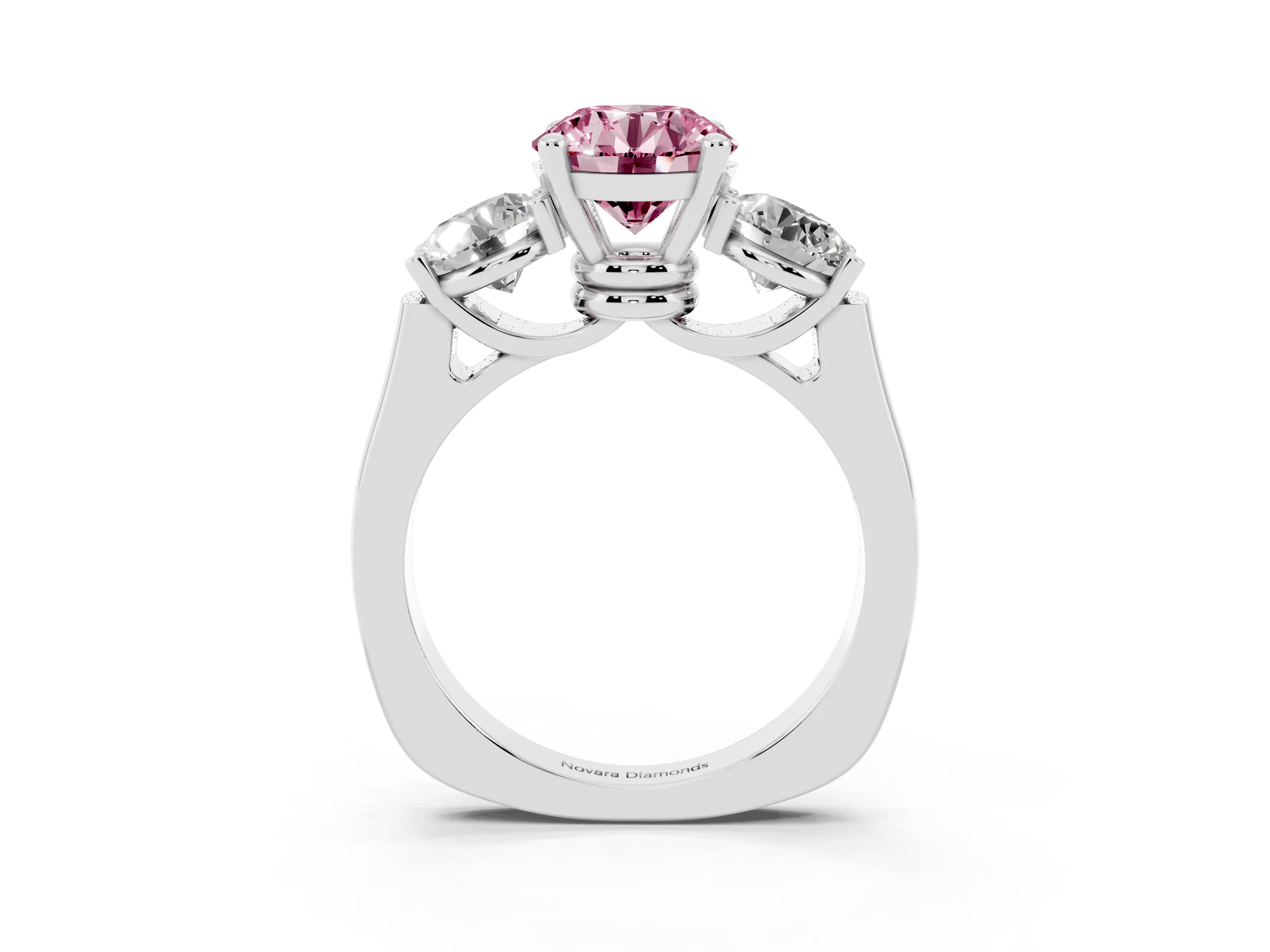 Fancy Pink Round Cut Diamond Three-Stone Trellis Ring Set in White gold with Comfort Fit Band