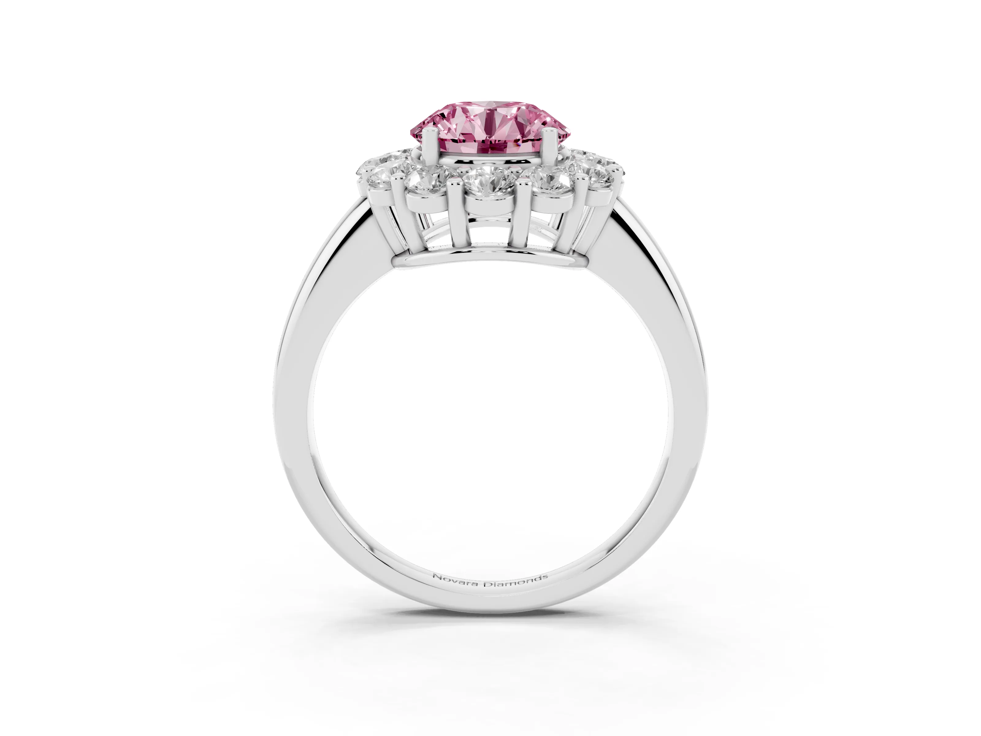 Fancy Pink Round Cut Diamond Halo Cluster Engagement Ring Set in White gold with Polished Band and Prong Setting