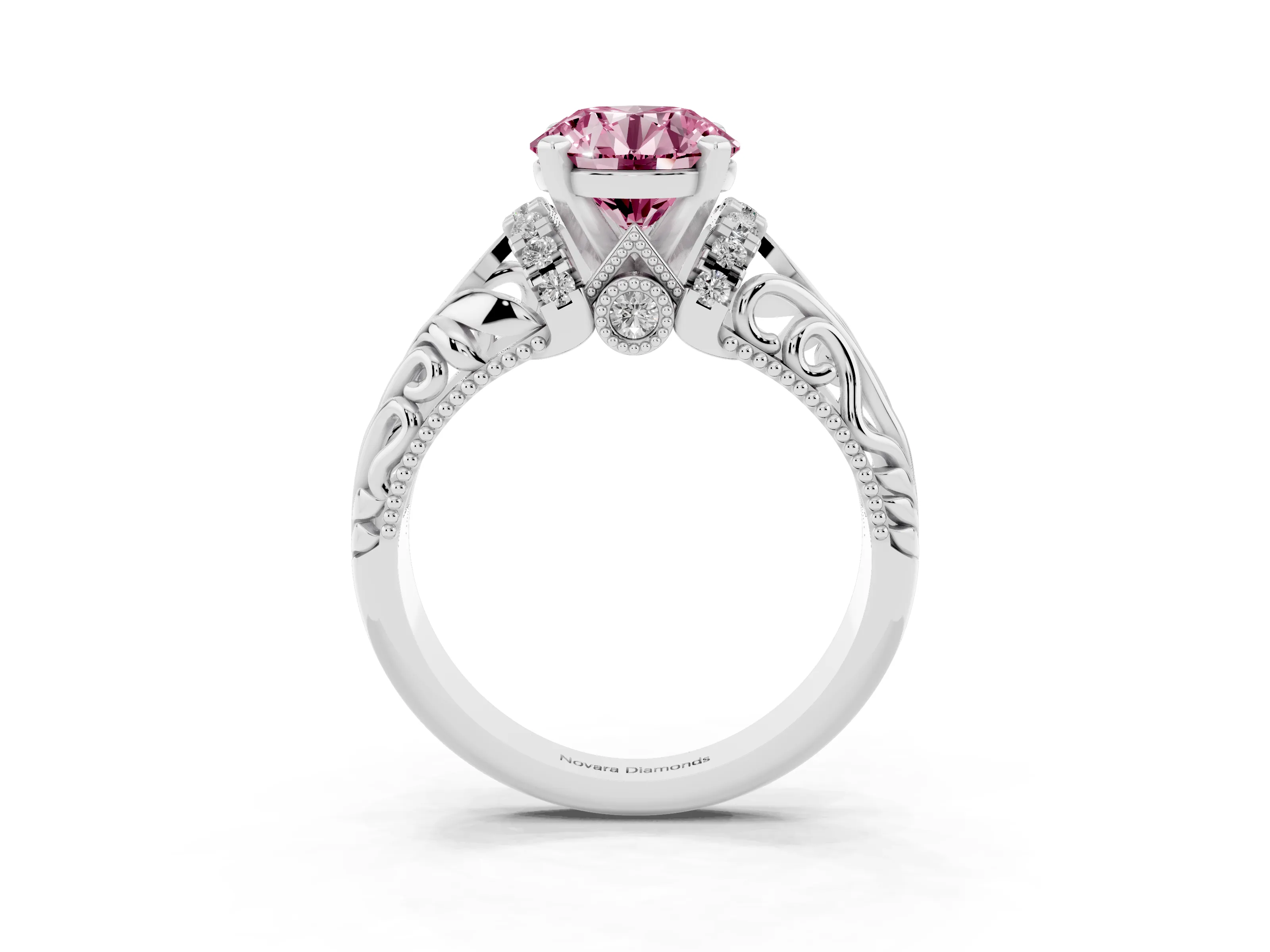 Fancy Pink Round Cut Diamond Filigree Halo Engagement Ring Set in Silver with Prong Setting
