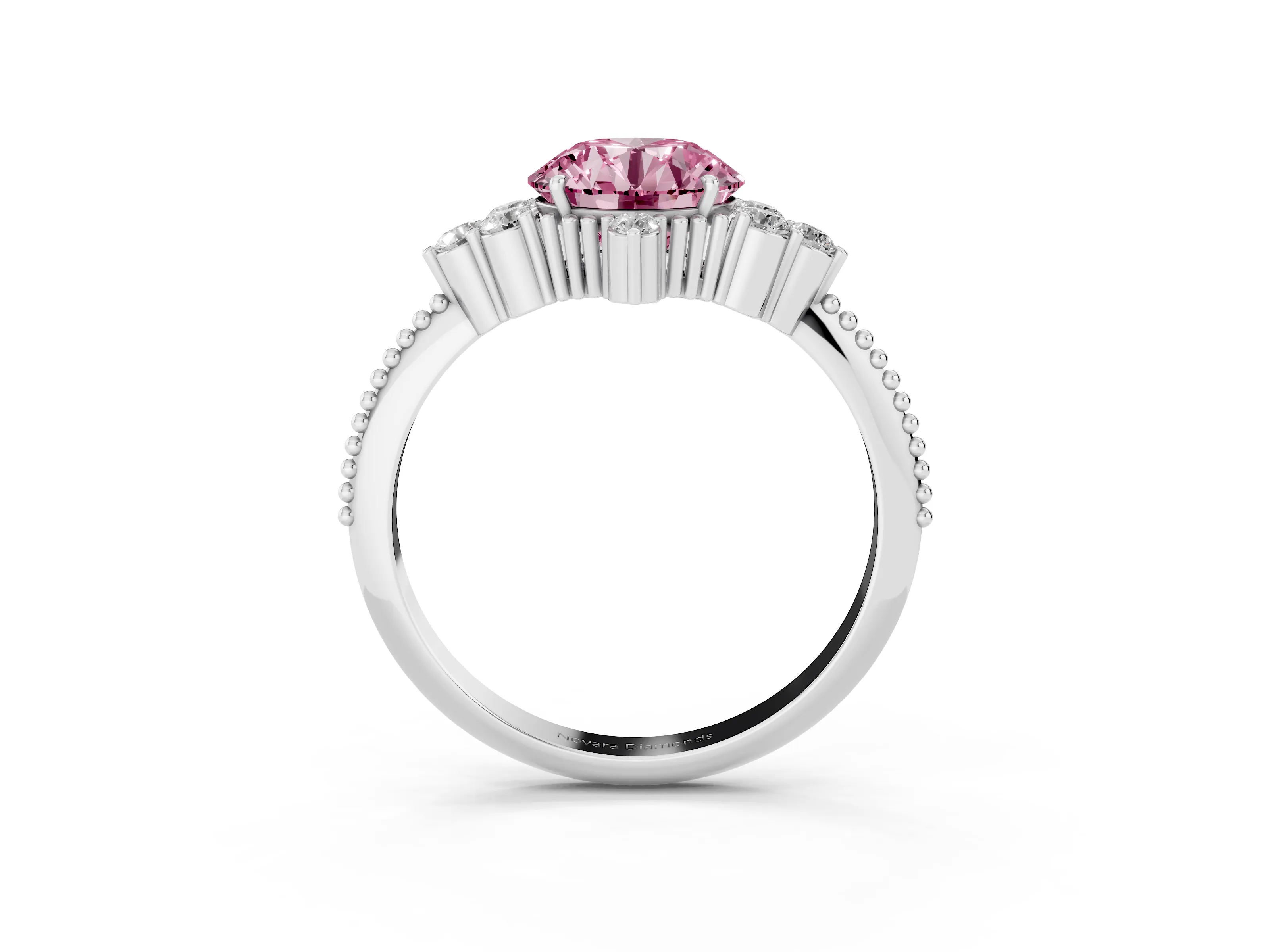 Fancy Pink Round Cut Diamond Cluster Ring Set in Silver with Beaded Band