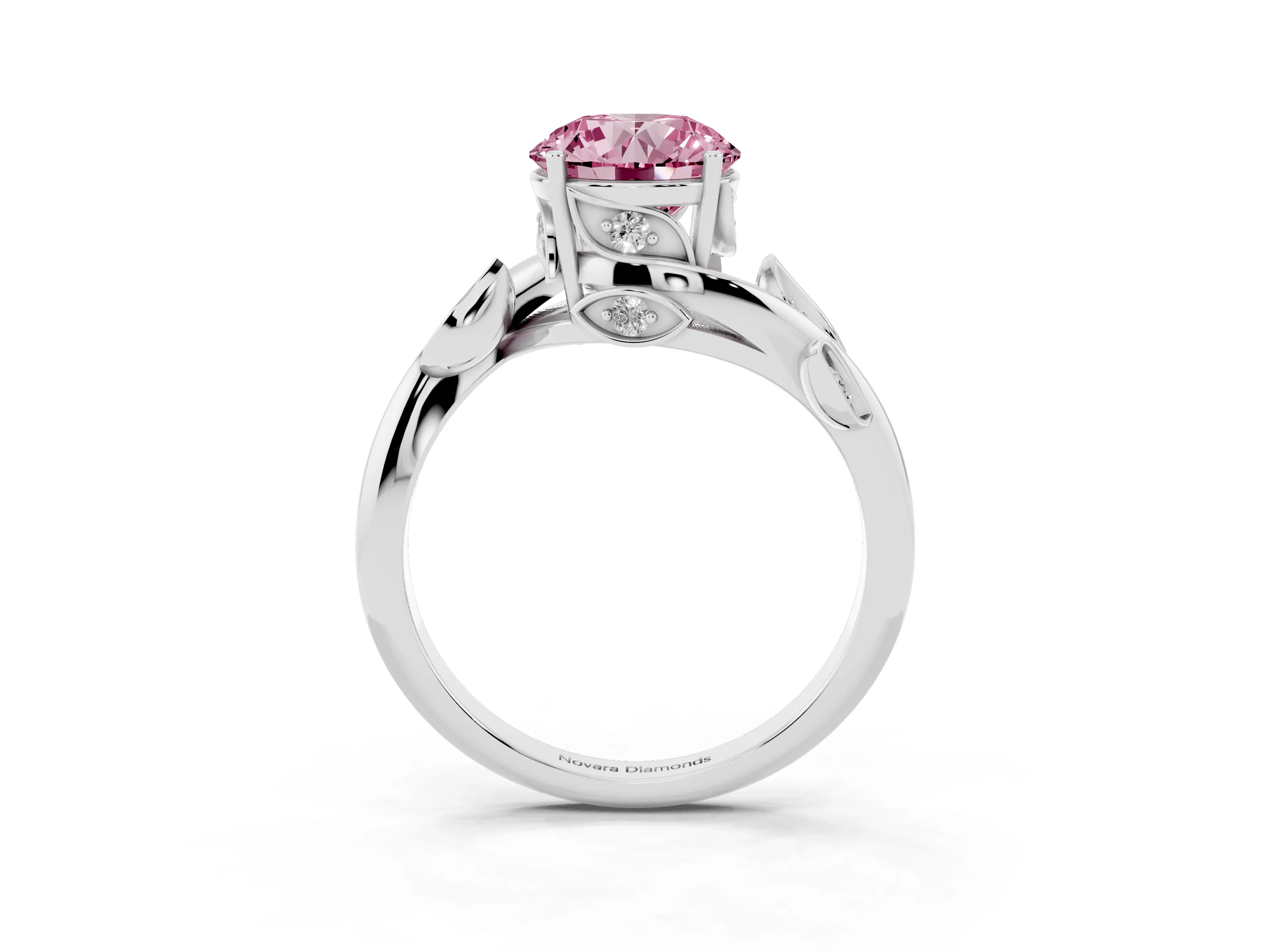 Fancy Pink Round Cut Diamond Solitaire Twist Engagement Ring Set in Platinum with Pavé Leaf Accents