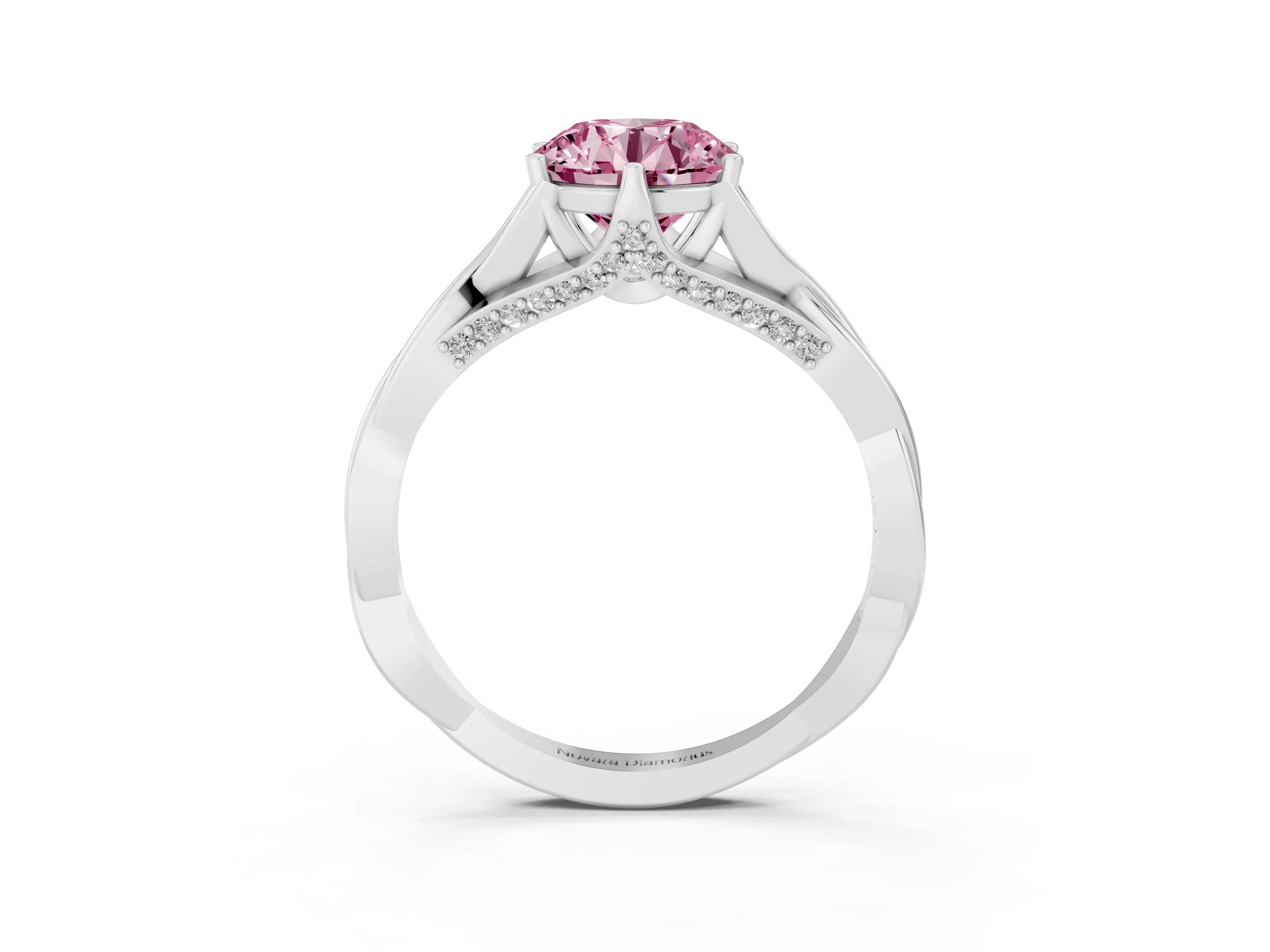 Fancy Pink Round Cut Diamond Intertwined Twist Band Solitaire Ring Set in White gold with Prong Setting