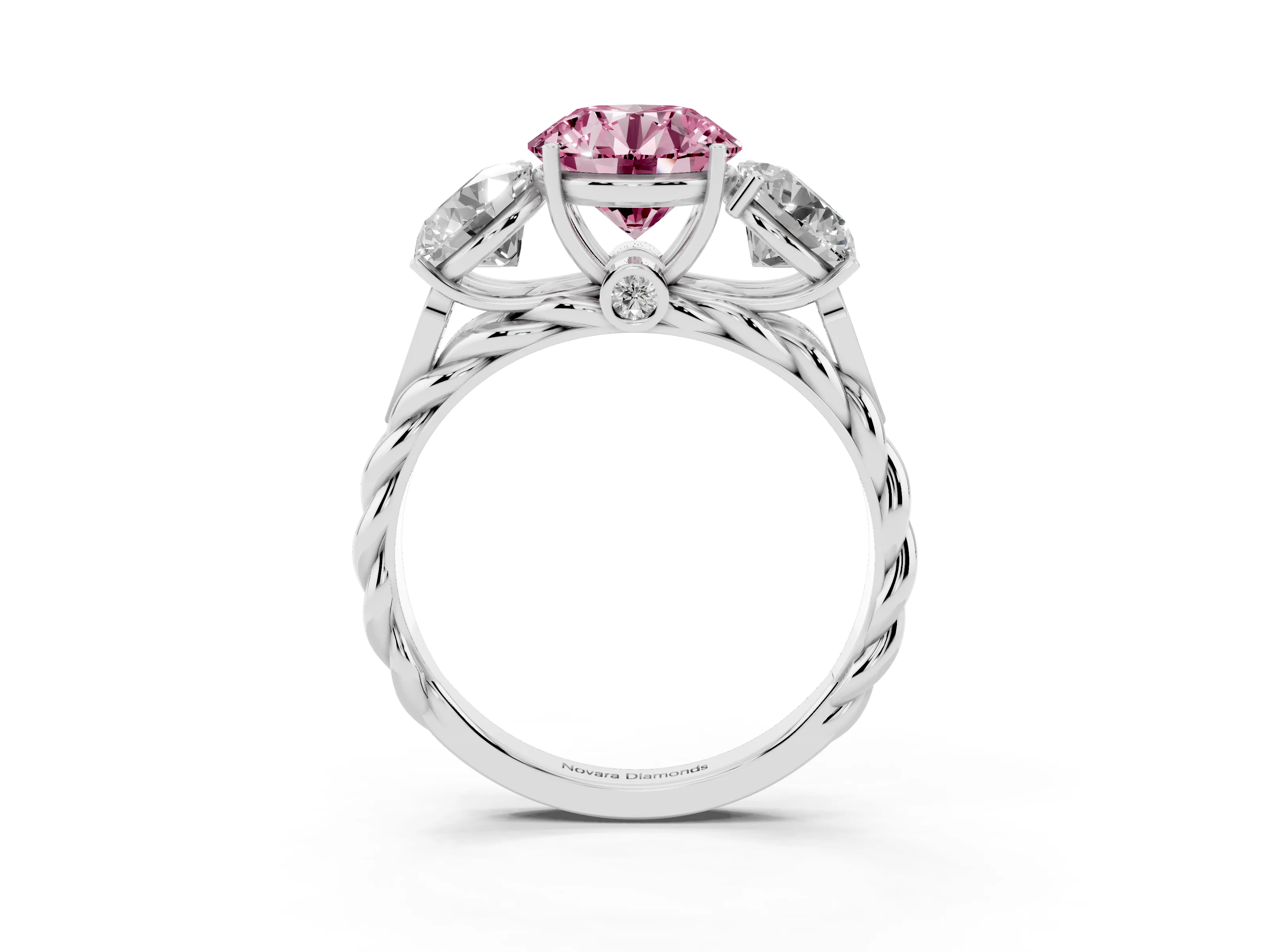 Fancy Pink Round Cut Diamond Three-Stone Ring Set in Silver with Braided Band
