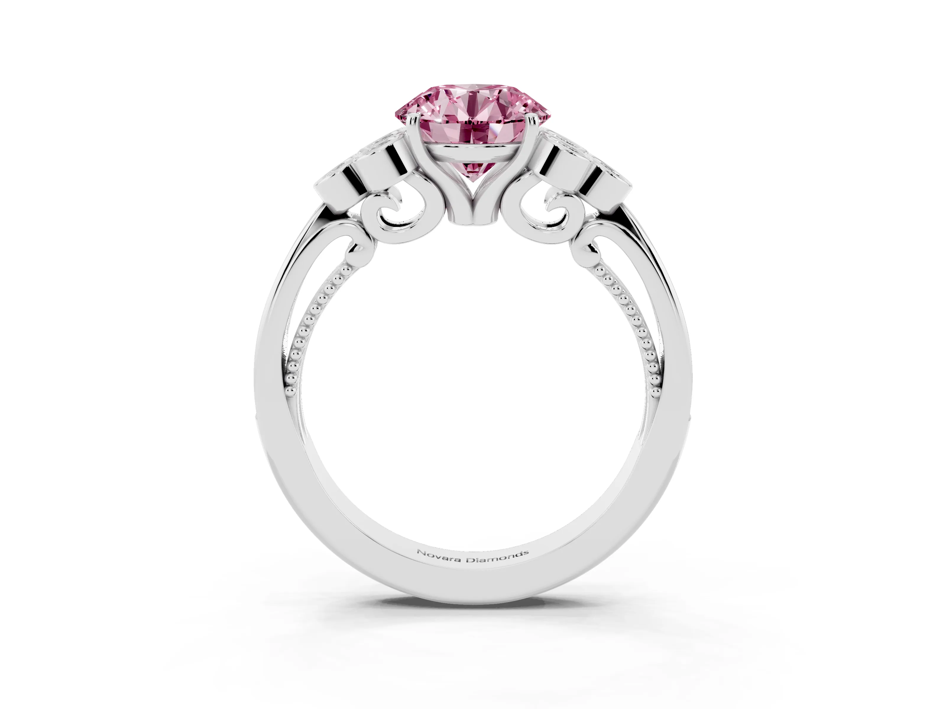 Fancy Pink Round Cut Diamond Engagement Ring Set in White gold with Bezel Set Round Side Stones and Prong Setting