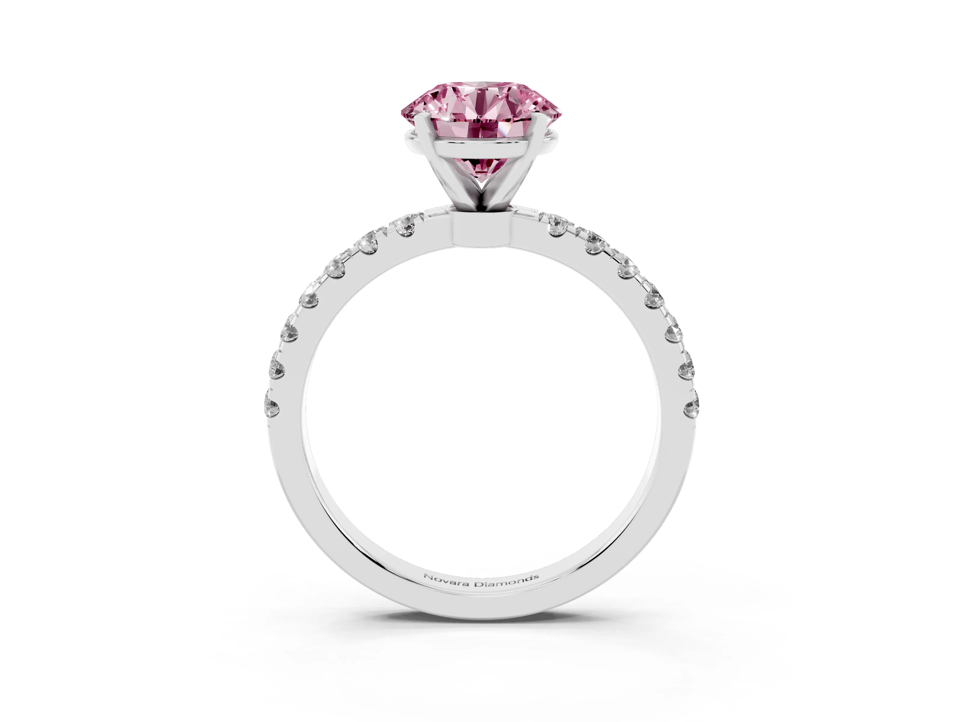 Fancy Pink Round Cut Diamond Solitaire Ring Set in Platinum with Pavé Accents and Prong Setting