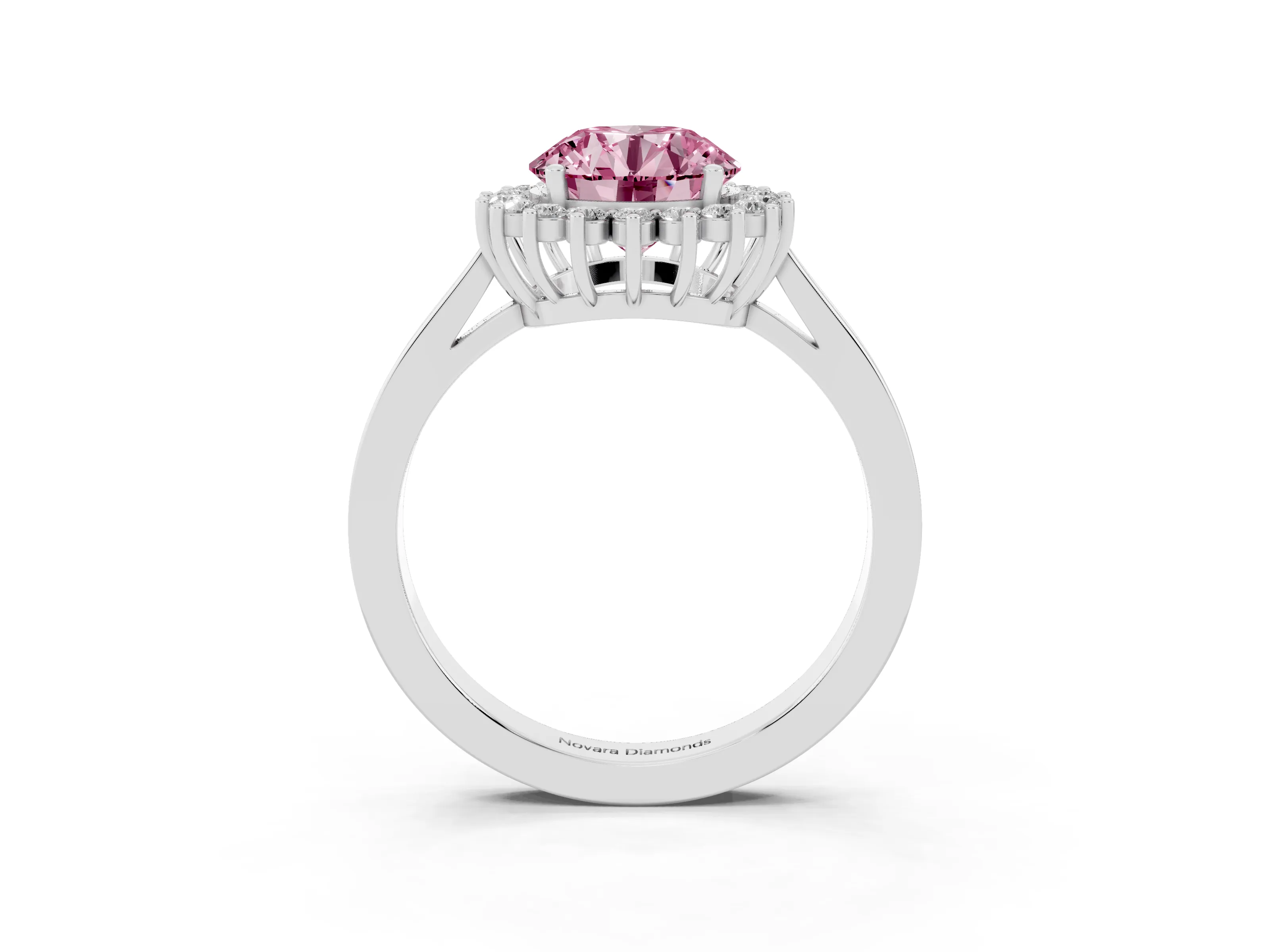 Fancy Pink Round Cut Diamond Halo Ring Set in Platinum with Round Halo and Smooth Solitaire Band