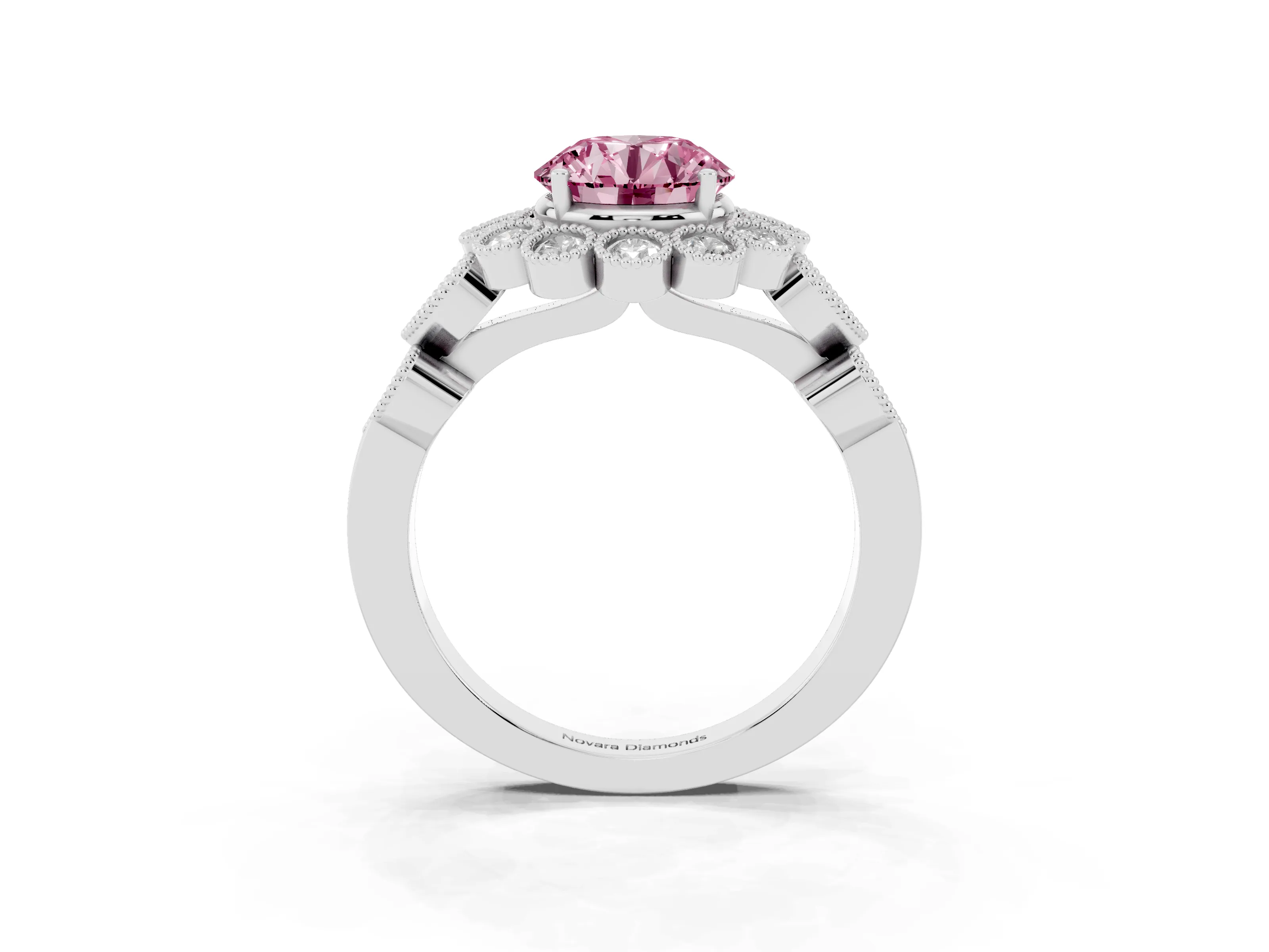 Fancy Pink Round Cut Diamond Solitaire Ring Set in White gold with Milgrain Pavé Heart Band