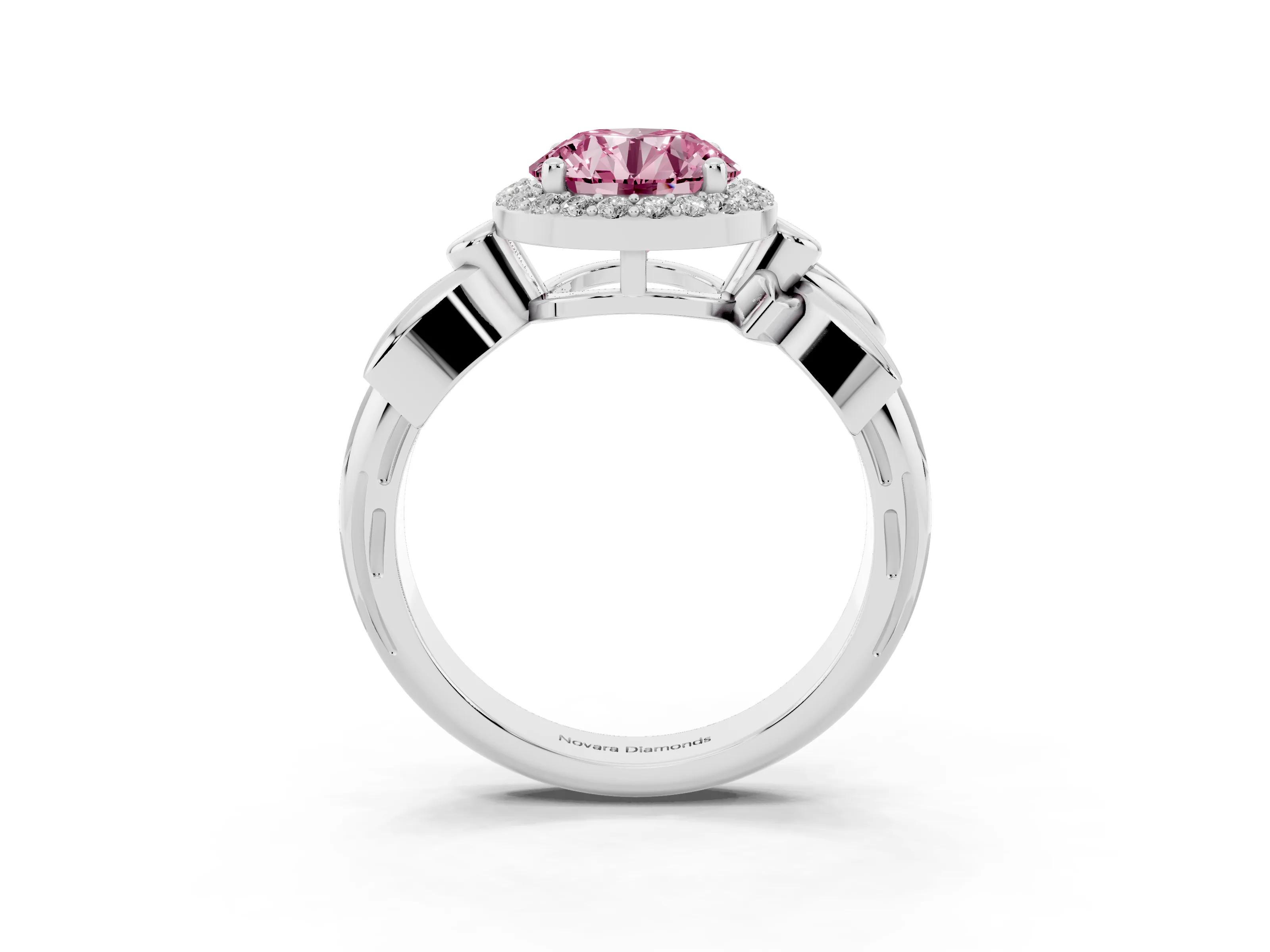 Fancy Pink Round Cut Diamond Halo Floral Band Ring Set in Silver with Prong Setting