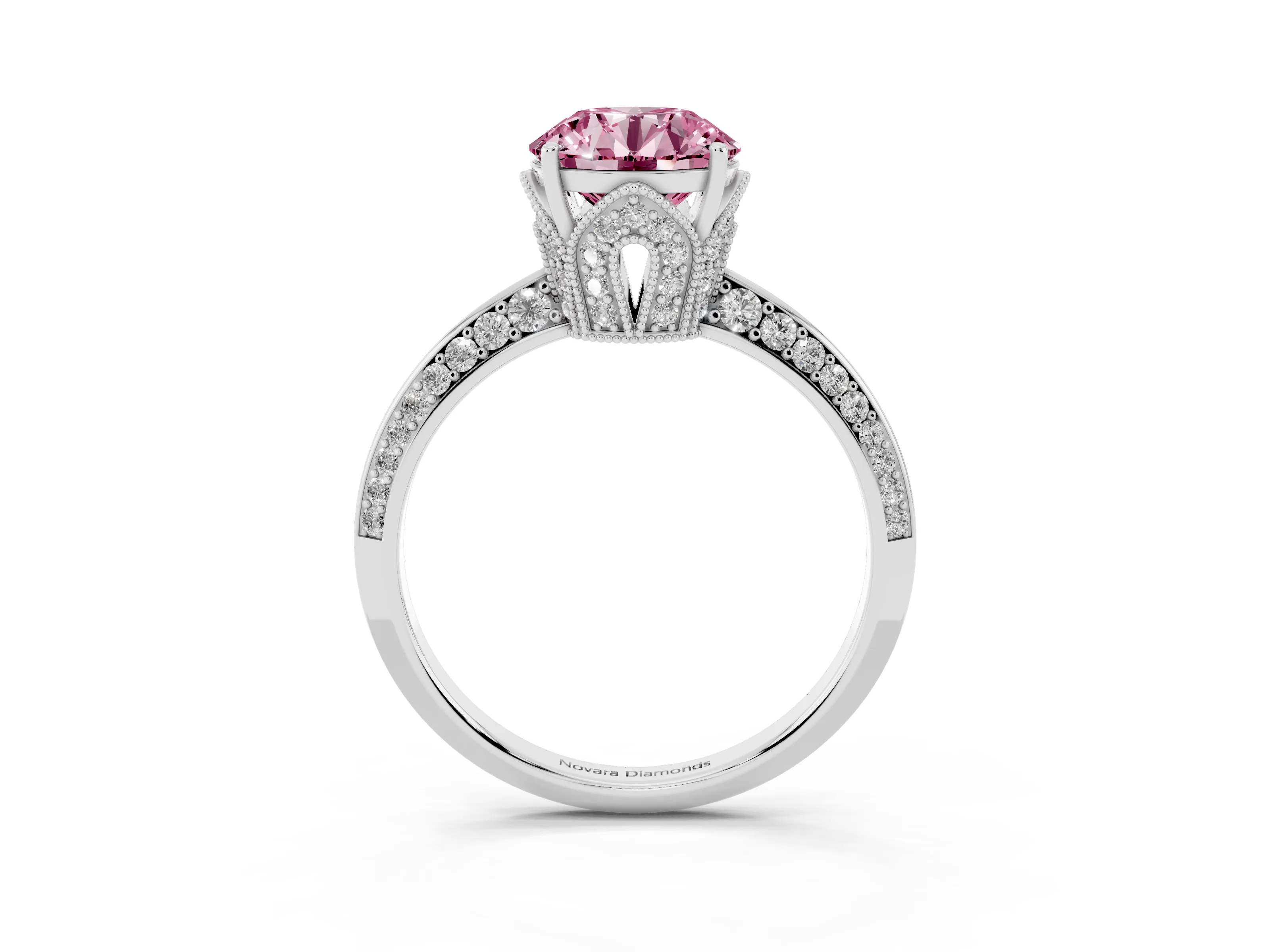 Fancy Pink Round Cut Diamond Solitaire Engagement Ring Set in Silver with Pavé Split Shank and Prong Setting