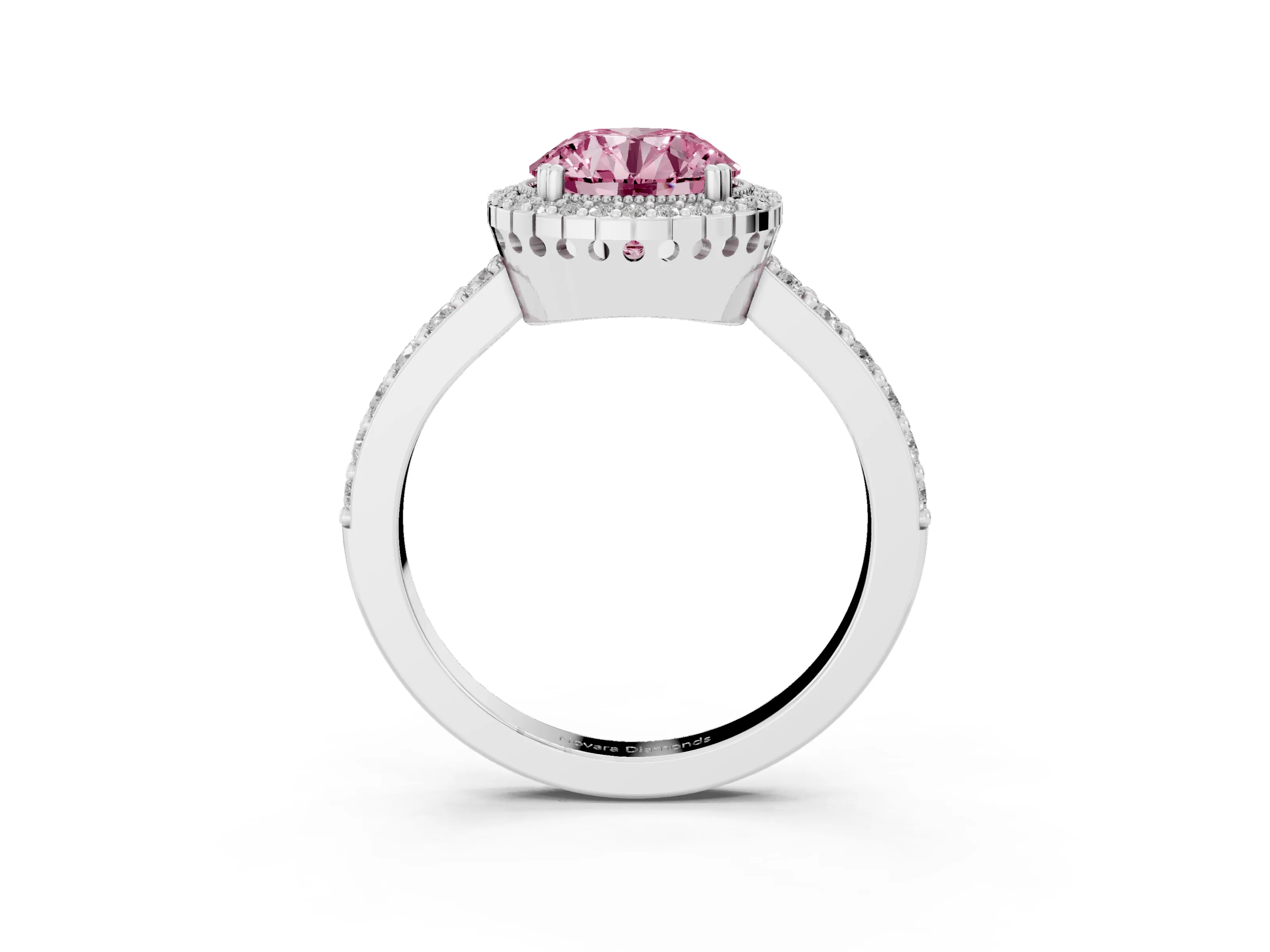 Fancy Pink Round Cut Diamond Halo Engagement Ring Set in White gold with Milgrain Detail and Pavé Band