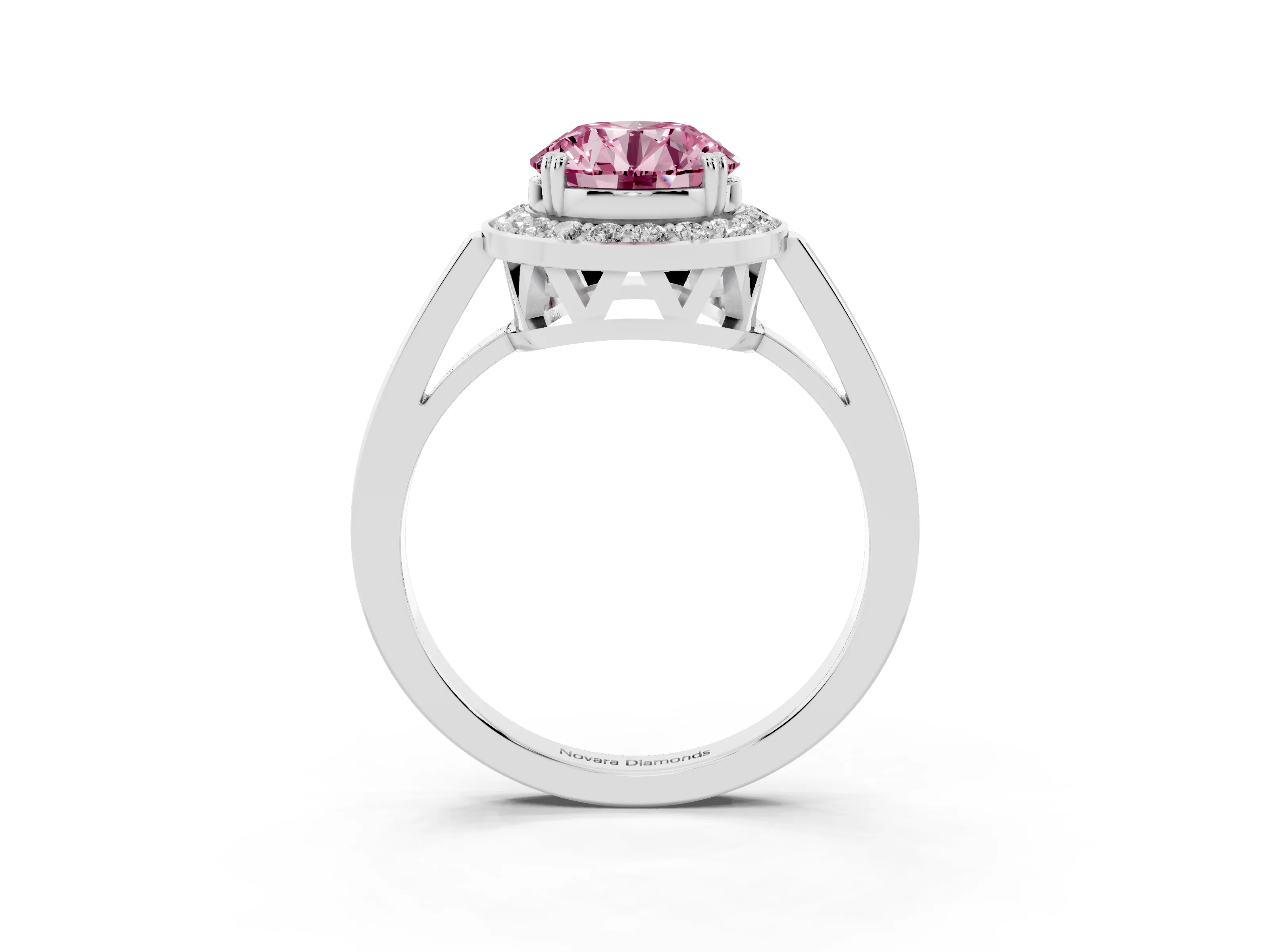 Fancy Pink Round Cut Diamond Halo Ring Set in Platinum with Accent-Lined Split Shank and Prong Setting