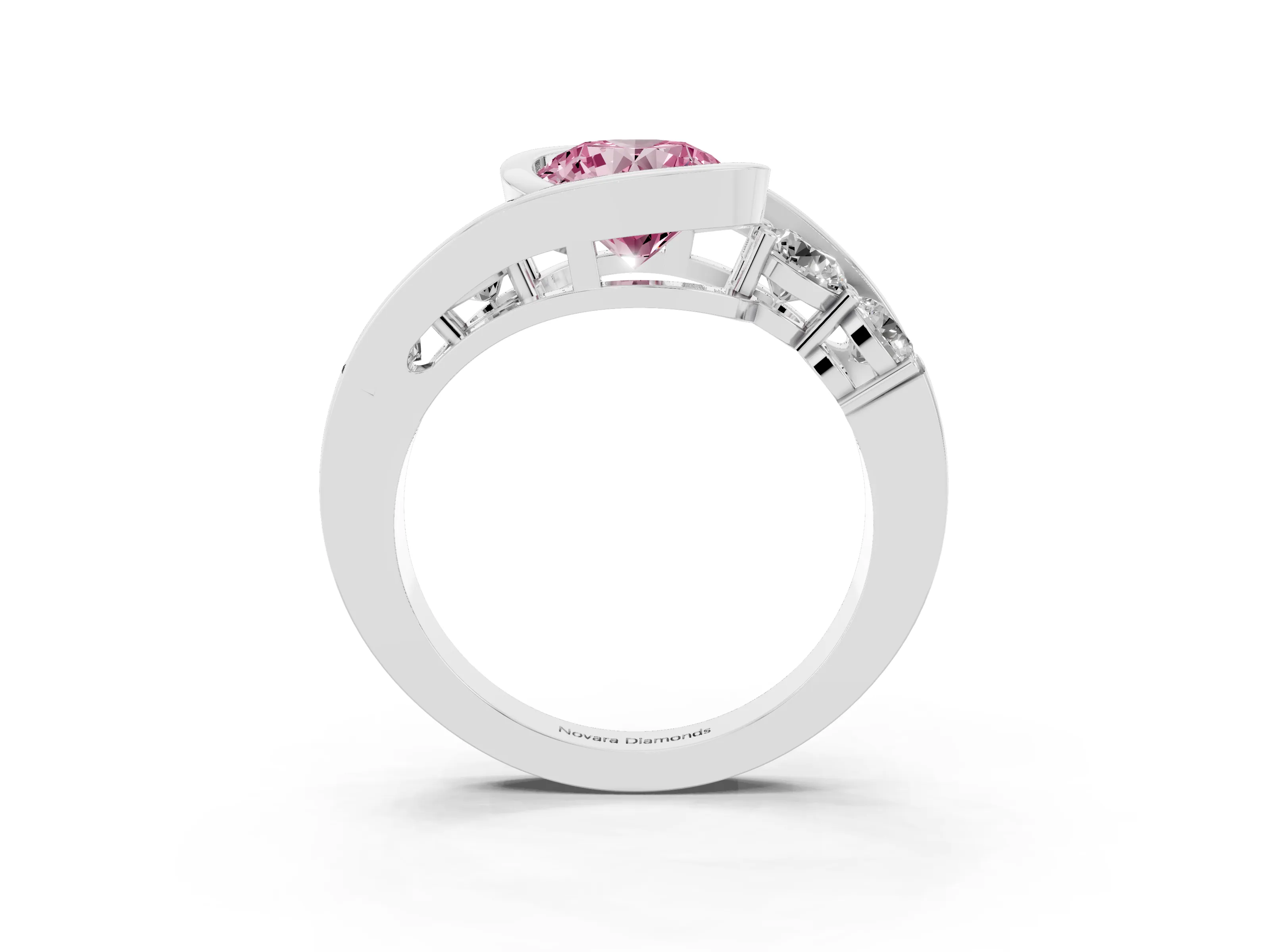 Fancy Pink Round Cut Diamond Bezel Bypass Ring Set in Silver with Round Accents
