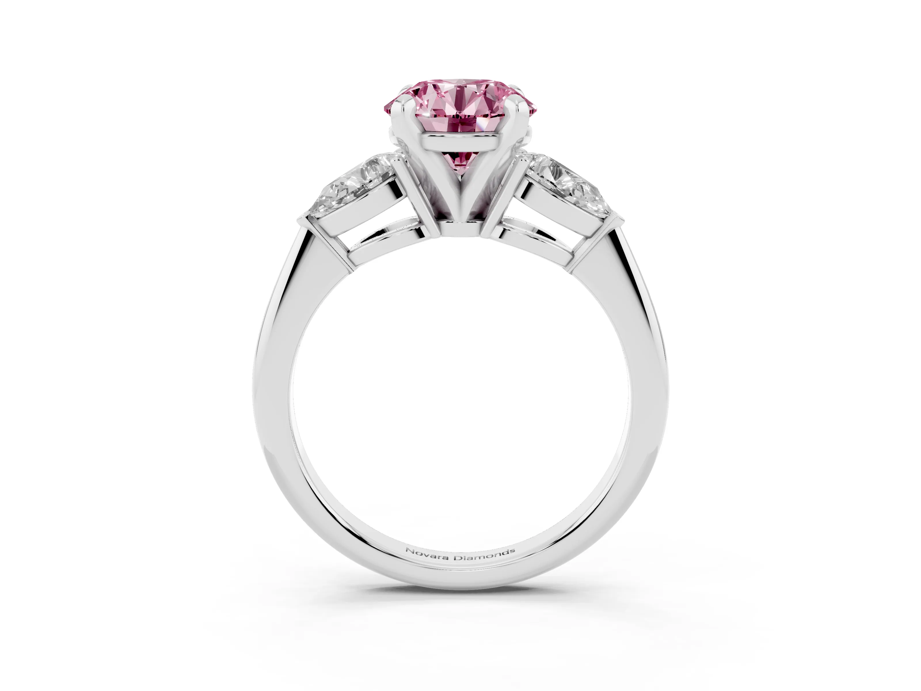 Fancy Pink Three-Stone Round Cut Diamond Ring Set in Silver with Pear Side Stones and Prong Setting