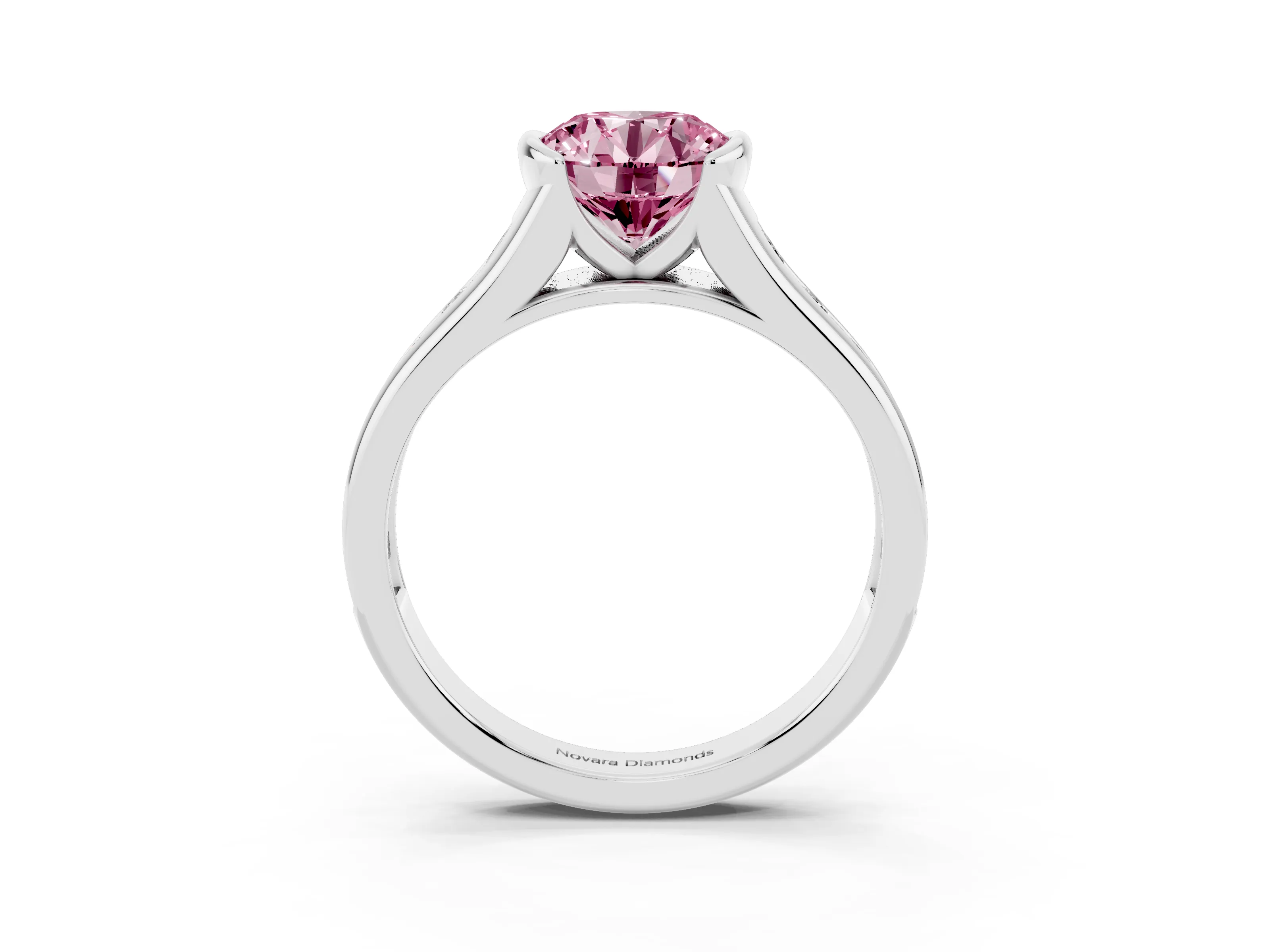 Fancy Pink Round Cut Diamond Bezel-Set Solitaire Ring Set in White gold with Channel-Set Band