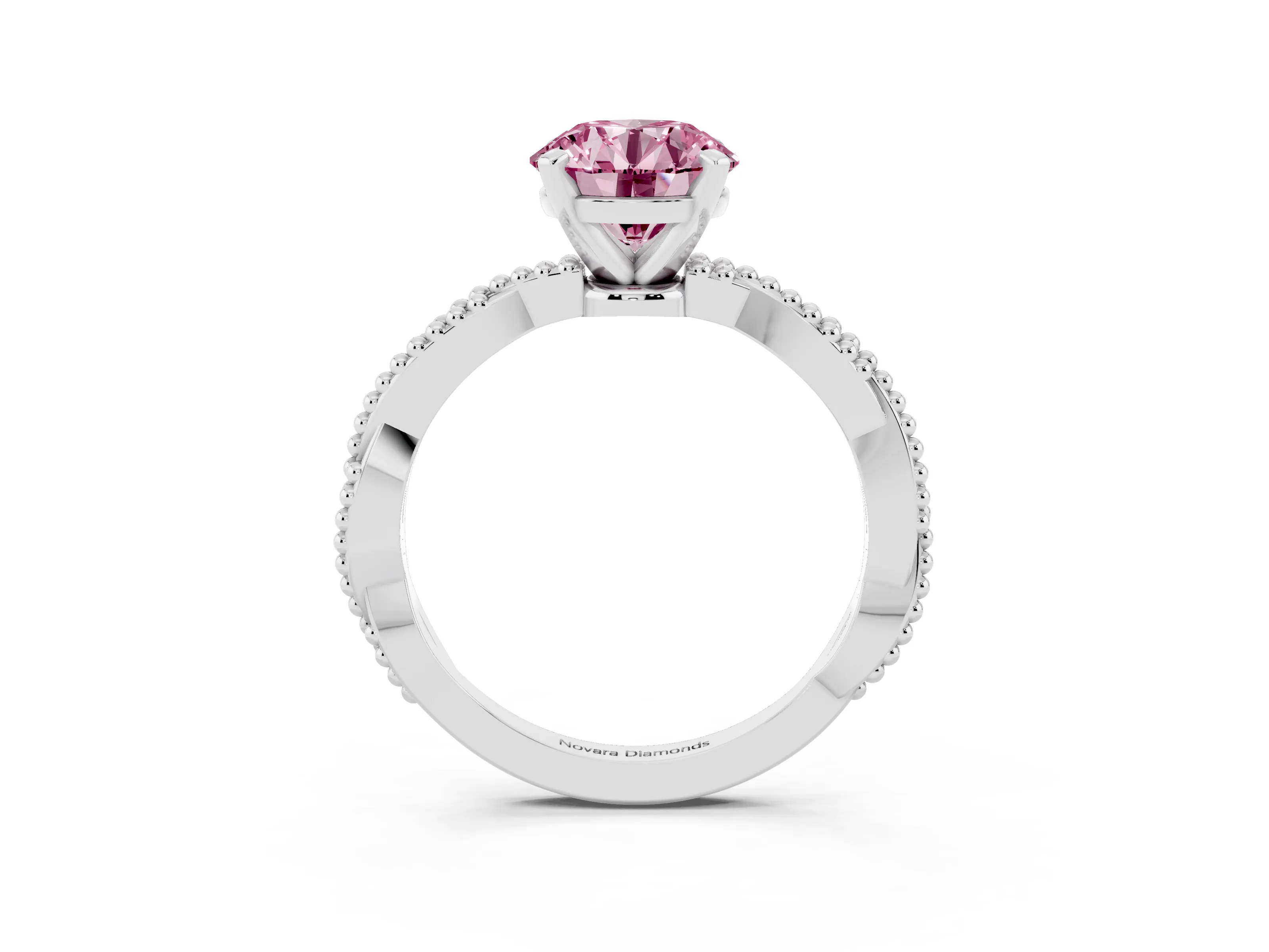 Fancy Pink Round Cut Diamond Solitaire Ring Set in Silver with Twisted Band and Bead Prong Setting