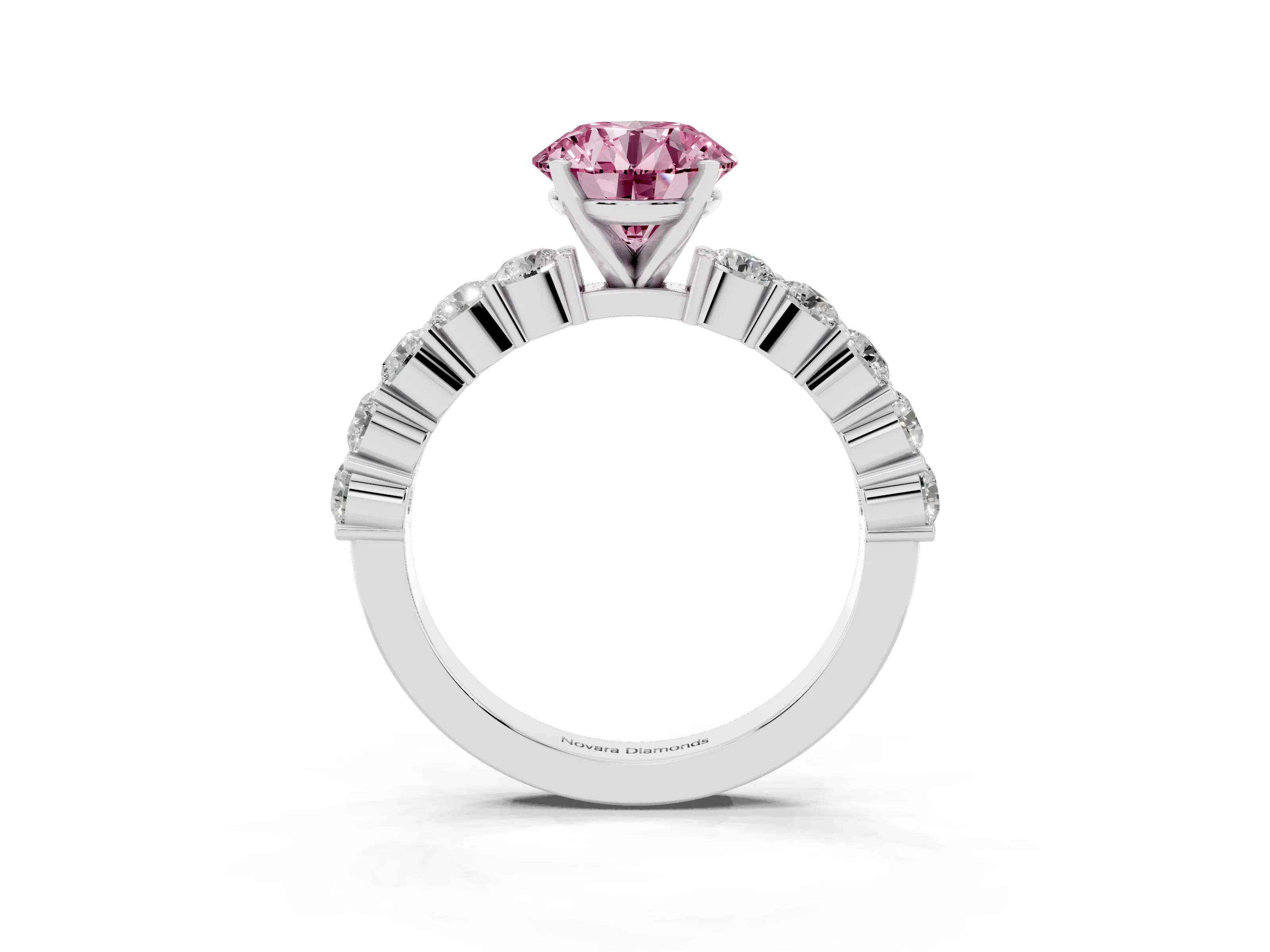 Fancy Pink Round Cut Diamond Solitaire Ring Set in Platinum with Shared Prong Round Side Stones