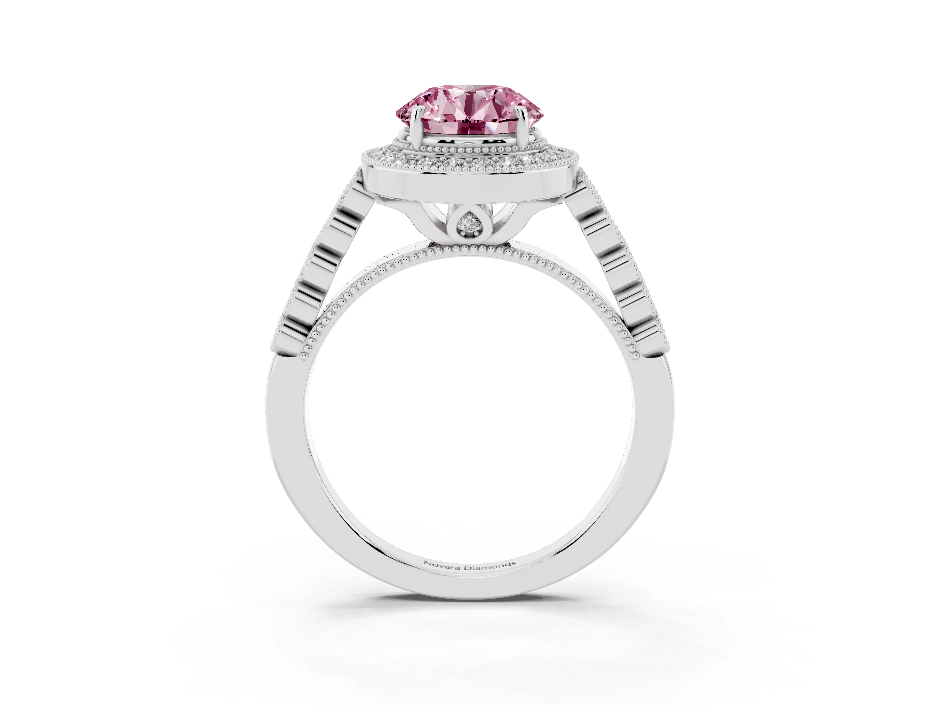 Fancy Pink Round Cut Diamond Milgrain Halo Solitaire Ring Set in Silver with Bezel Set Side Stones and Pavé Band