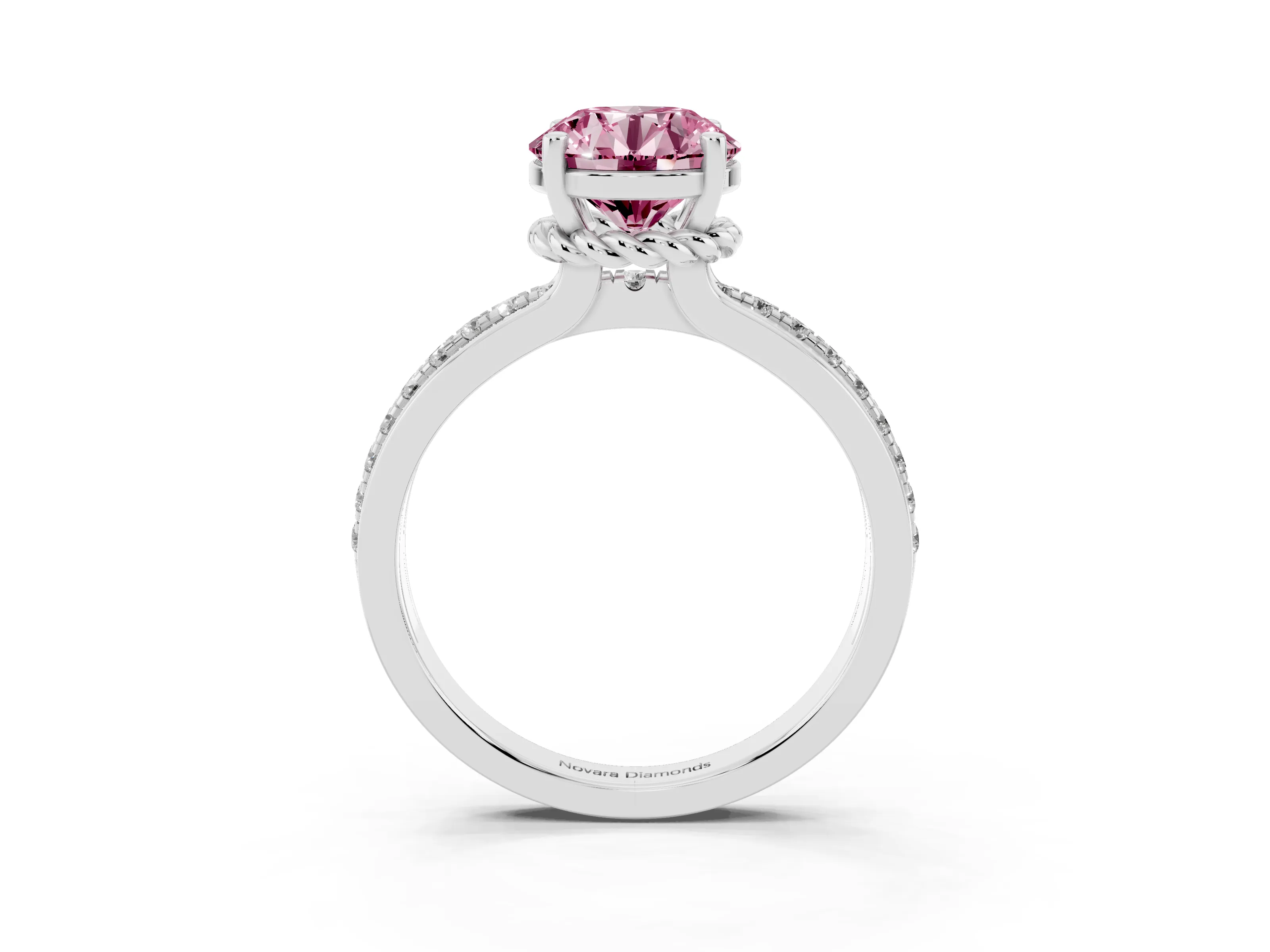 Fancy Pink Round Cut Diamond Solitaire Ring Set in Silver with Channel Set Band and Prong Setting
