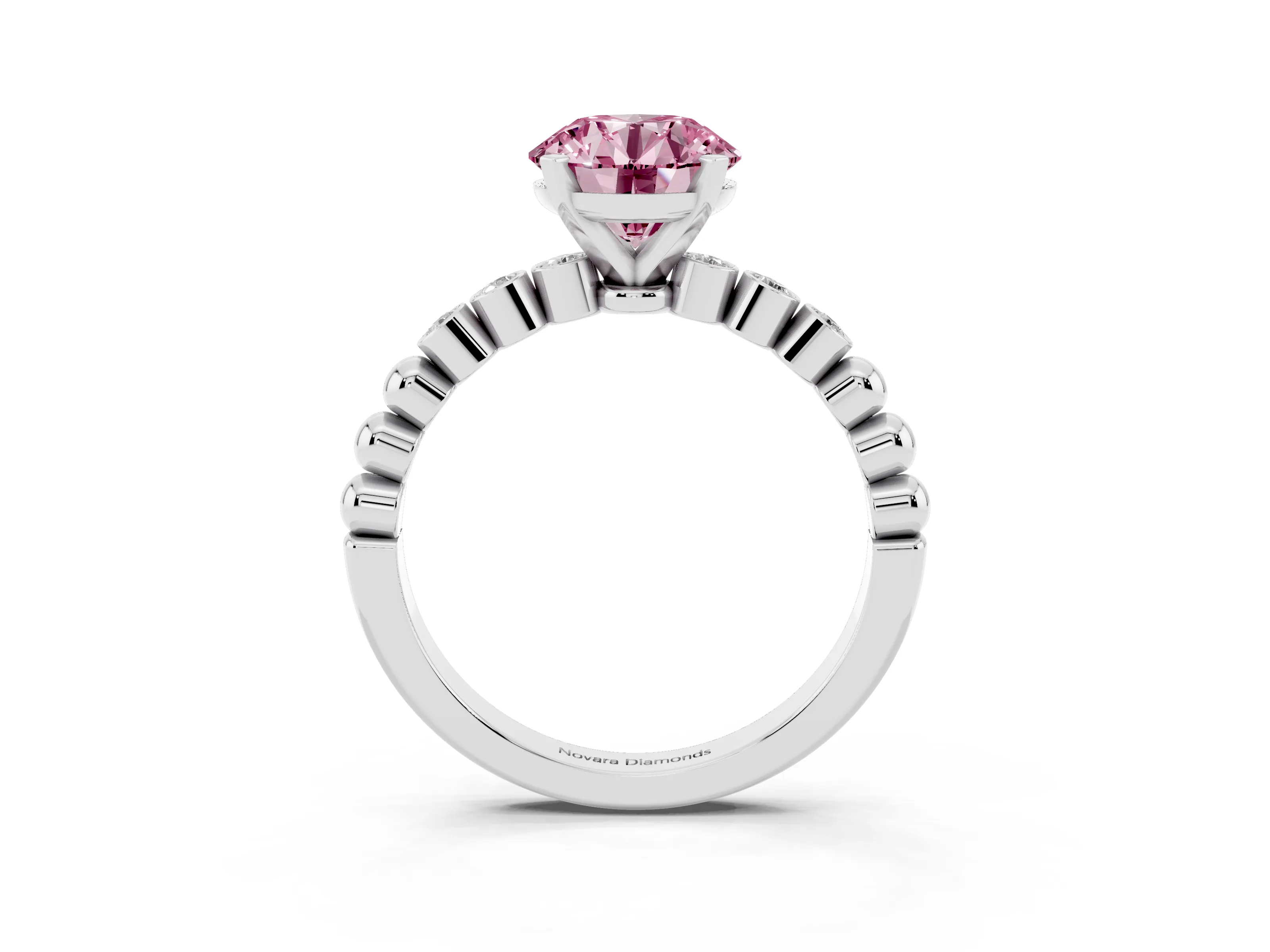 Fancy Pink Round Cut Diamond Solitaire Engagement Ring Set in Platinum with Bezel Accents on Beaded Band