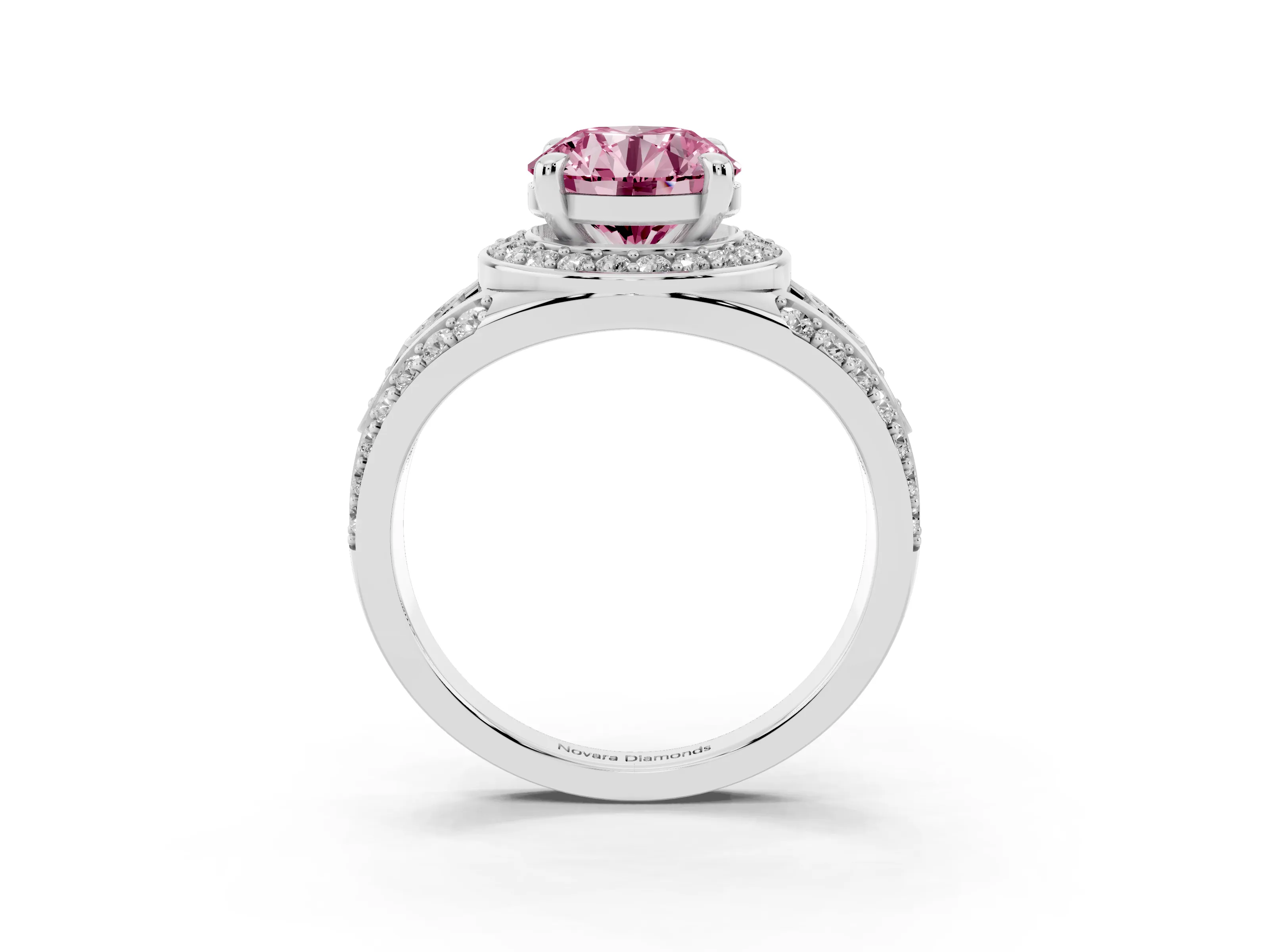 Fancy Pink Round Cut Diamond Halo Ring Set in Platinum with Pavé Split Shank and Bezel Accents