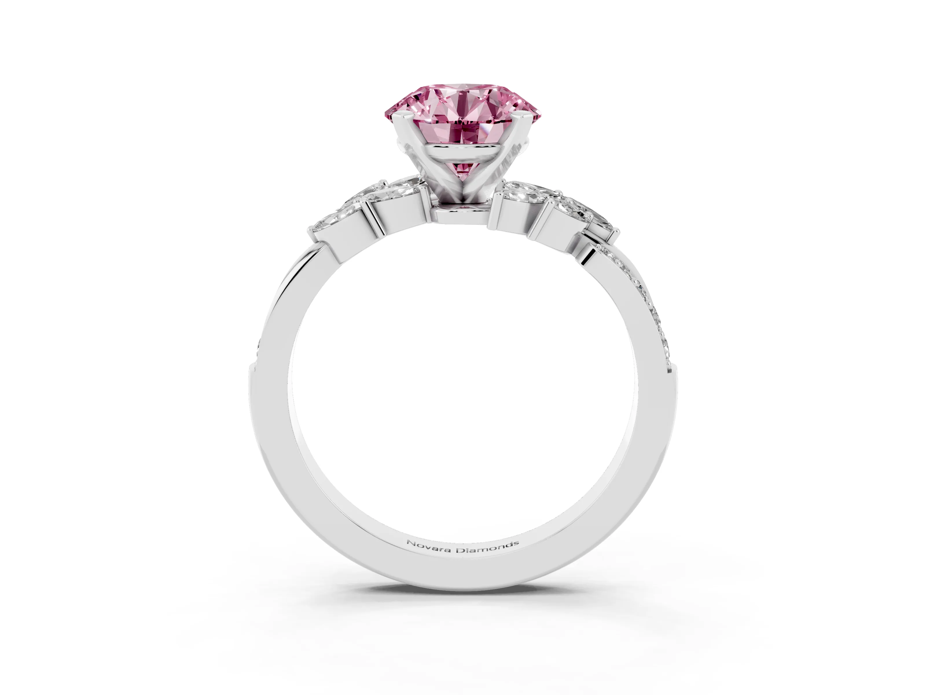 Fancy Pink Round Cut Diamond Solitaire Ring Set in Silver with Marquise Twist Band and Prong Setting