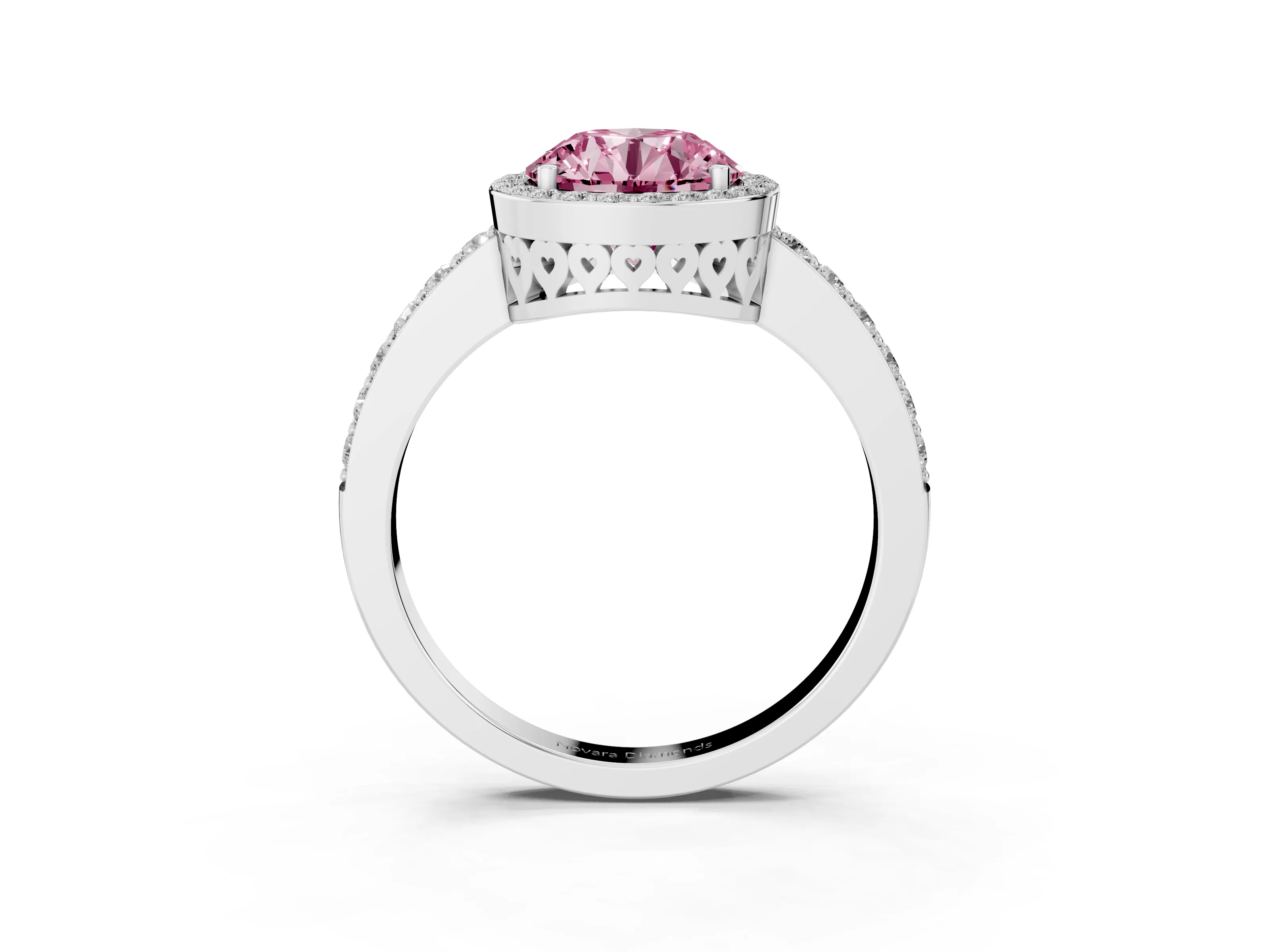 Fancy Pink Round Cut Diamond Halo Ring Set in White gold with Pavé-Setting Band and Open Prong Center