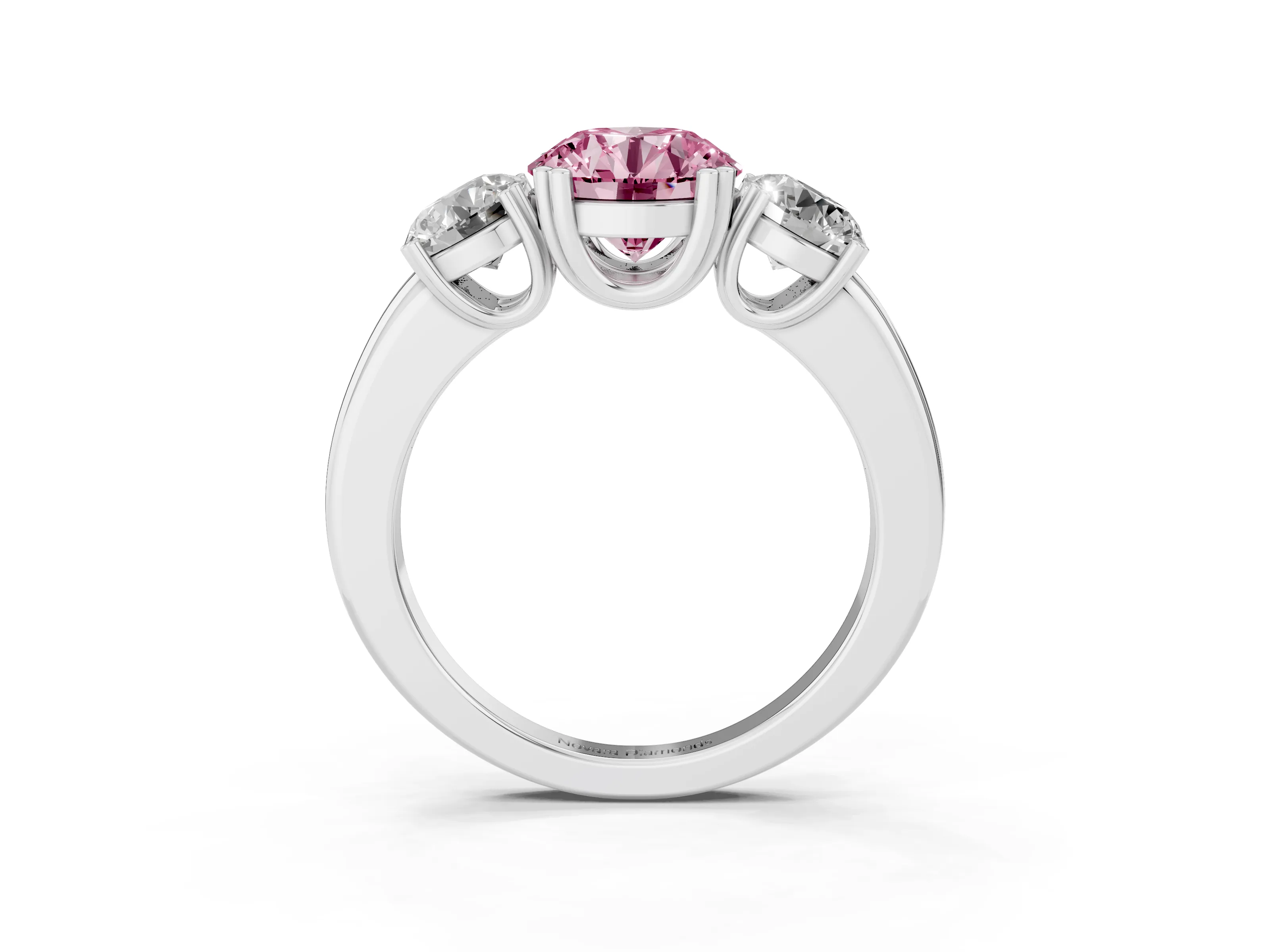 Fancy Pink Round Cut Diamond Three-Stone Ring Set in White gold with Polished Channel-Set Band